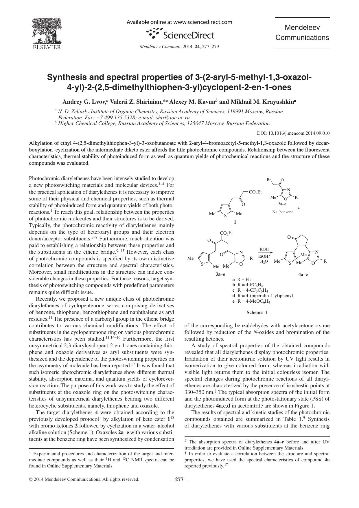 Synthesis and spectral properties of 3-(2-aryl-5-methyl-1,3-oxazol- 4-yl)-2-(2,5-dimethylthiophen-3-yl)cyclopent-2-en-1-ones by td-73827 & Valerii Z. Shirinian & Alexey M. Kavun & Mikhail M. Krayushkin
