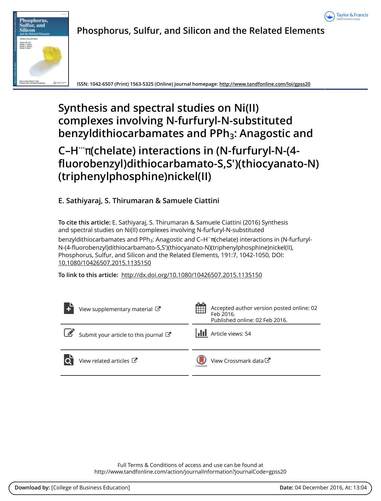 Synthesis and spectral studies on Ni(II) complexes involving N-furfuryl-N-substituted benzyldithiocarbamates and PPh3: Anagostic and C--H(chelate) interactions in (N-furfuryl-N-(4- by E. Sathiyaraj & S. Thirumaran & Samuele Ciattini