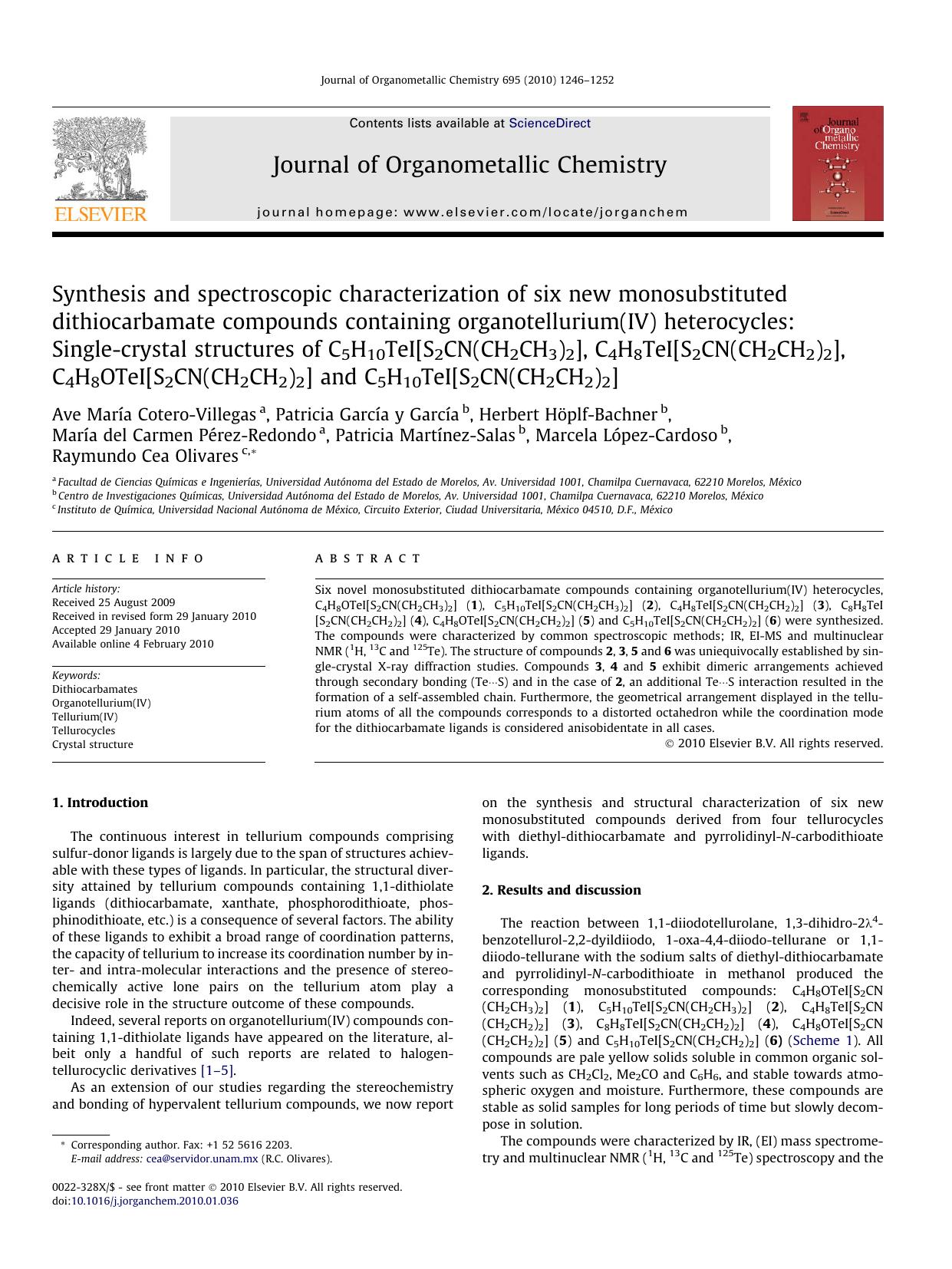 Synthesis and spectroscopic characterization of six new monosubstituted dithiocarbamate compounds containing organotellurium(IV) heterocycles: Single-crystal structures of C5H10TeI by unknow
