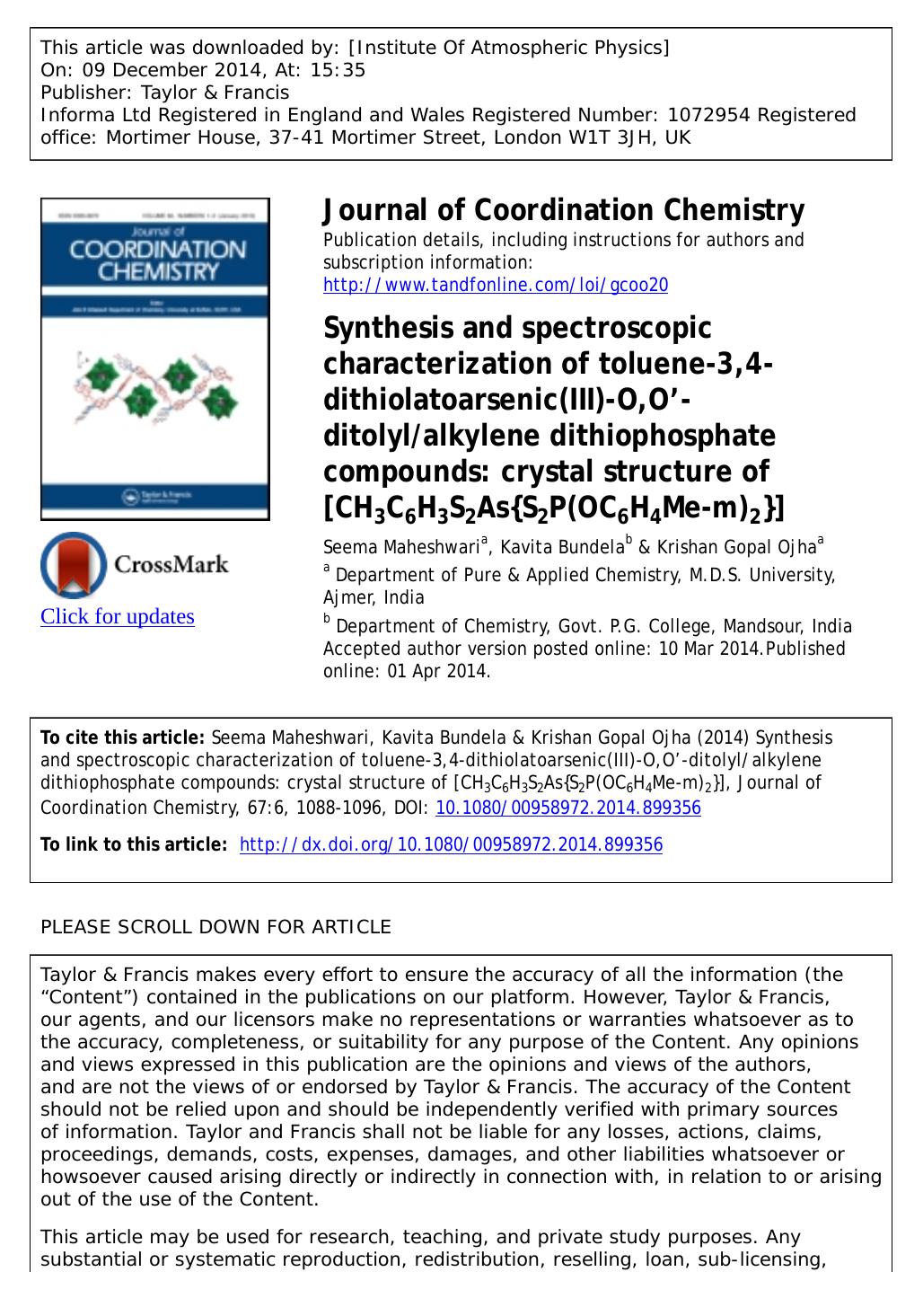 Synthesis and spectroscopic characterization of toluene-3,4-dithiolatoarsenic(III)-O,Oâ-ditolylalkylene dithiophosphate compounds: crystal structure of [CH3C6H3S2As{S2P(OC6H4Me-m)2}] by Seema Maheshwari