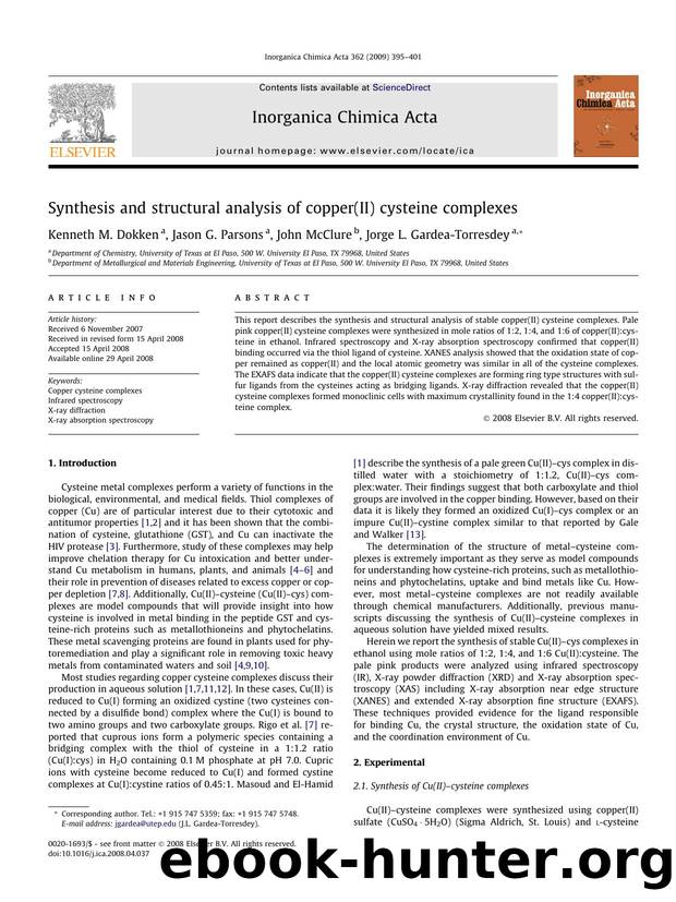 Synthesis and structural analysis of copper(II) cysteine complexes by Kenneth M. Dokken; Jason G. Parsons; John McClure; Jorge L. Gardea-Torresdey