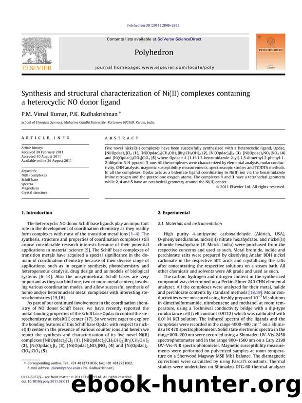 Synthesis and structural characterization of Ni(II) complexes containing a heterocyclic NO donor ligand by P.M. Vimal Kumar & P.K. Radhakrishnan