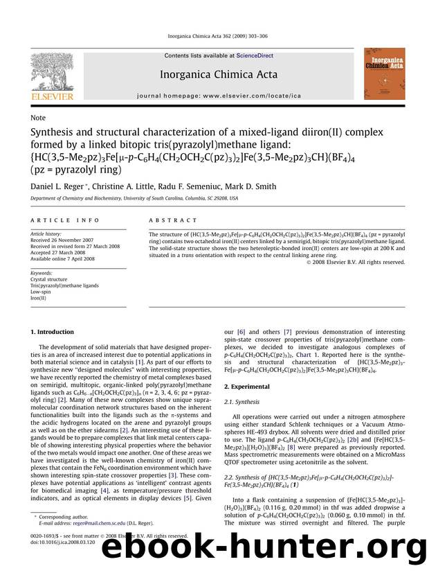 Synthesis and structural characterization of a mixed-ligand diiron(II) complex formed by a linked bitopic tris(pyrazolyl)methane ligand: {HC(3,5-Me2pz)3Fe[Î¼-p-C6H4(CH2OCH2C(pz)3)2 by Daniel L. Reger; Christine A. Little; Radu F. Semeniuc; Mark D. Smith