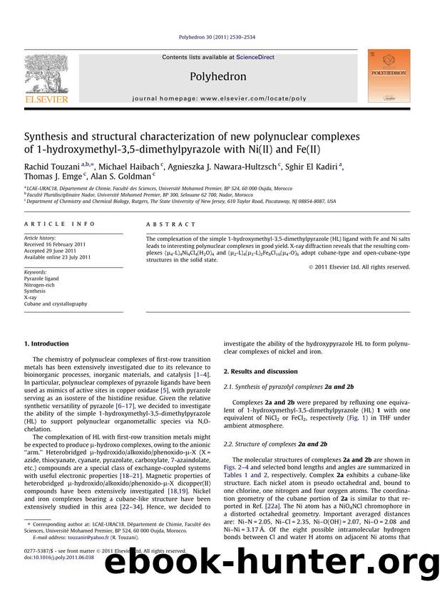 Synthesis and structural characterization of new polynuclear complexes of 1-hydroxymethyl-3,5-dimethylpyrazole with Ni(II) and Fe(II) by unknow