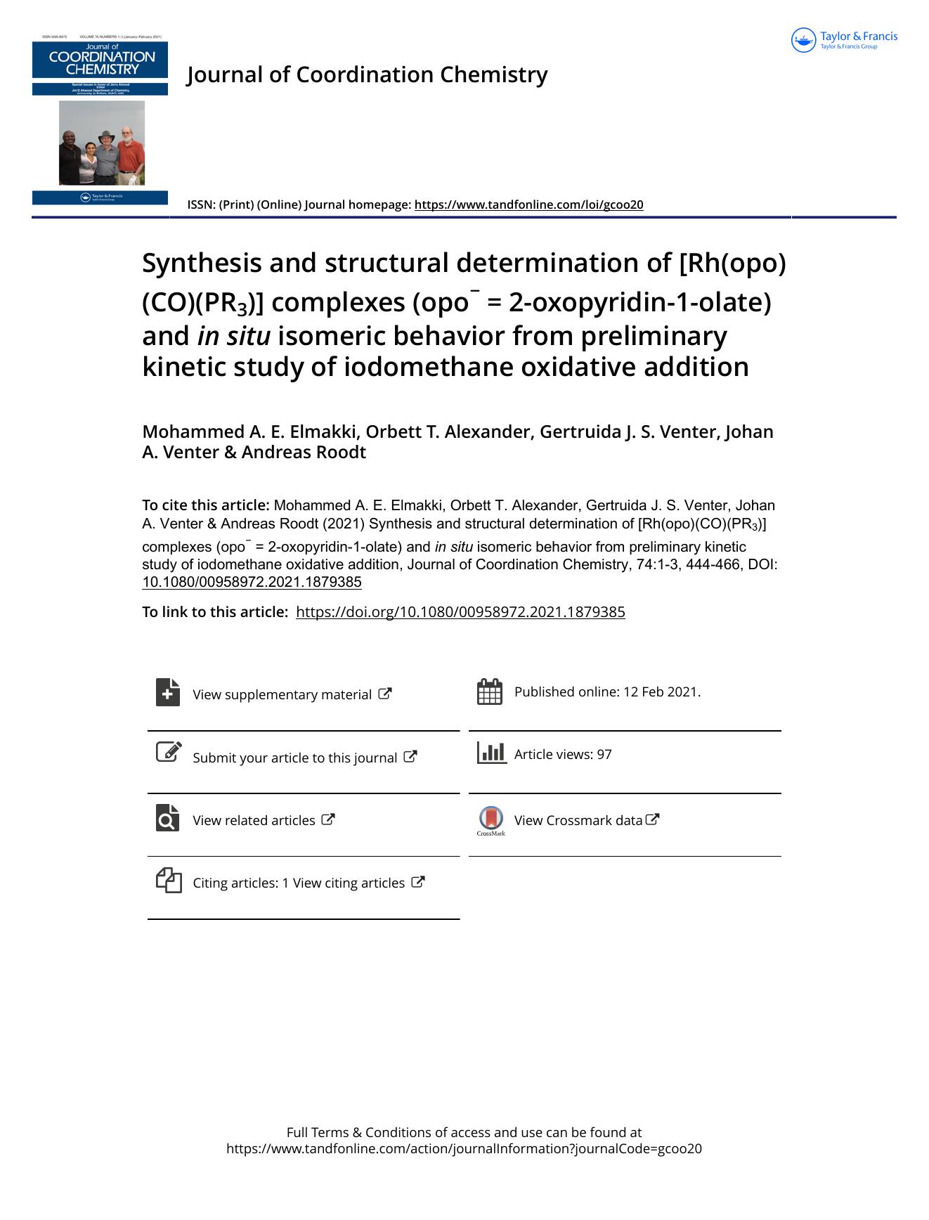 Synthesis and structural determination of [Rh(opo)(CO)(PR3)] complexes (opoâ = 2-oxopyridin-1-olate) and in situ isomeric behavior from preliminary kinetic study of iodomethane oxidative addition by unknow