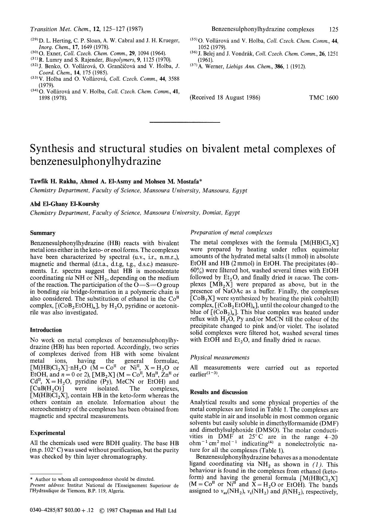 Synthesis and structural studies on bivalent metal complexes of benzenesulphonylhydrazine by Unknown