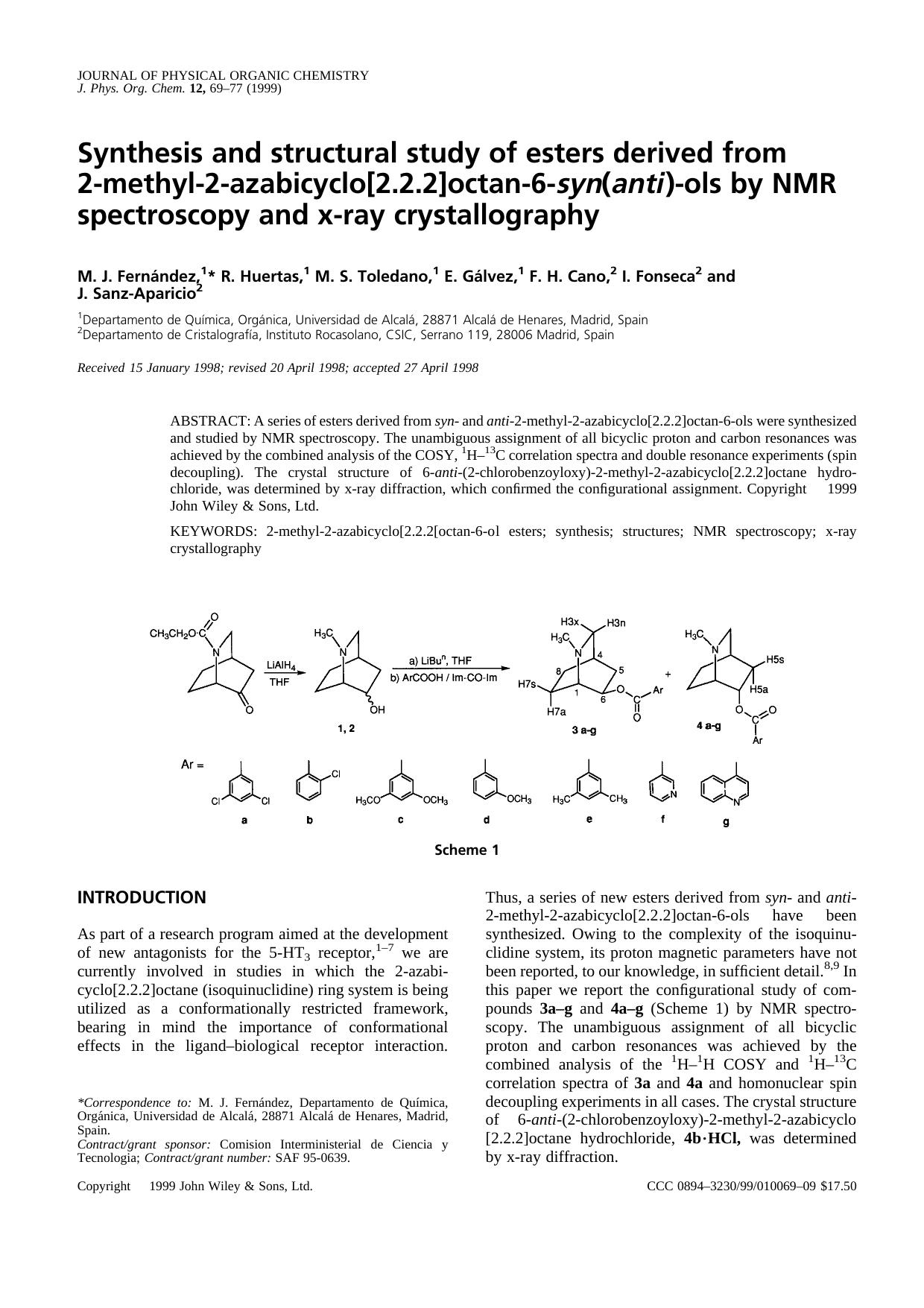 Synthesis and structural study of esters derived from 2-methyl-2-azabicyclo[2.2.2]octan-6-syn(anti)-ols by NMR spectroscopy and x-ray crystallography by Unknown