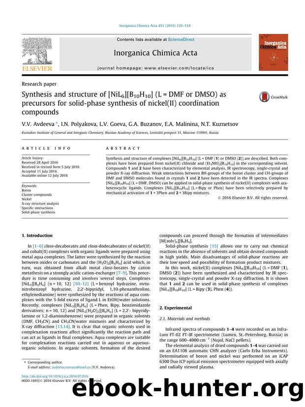 Synthesis and structure of [NiL6][B10H10] (L=DMF or DMSO) as precursors for solid-phase synthesis of nickel(II) coordination compounds by V.V. Avdeeva & I.N. Polyakova & L.V. Goeva & G.A. Buzanov & E.A. Malinina & N.T. Kuznetsov