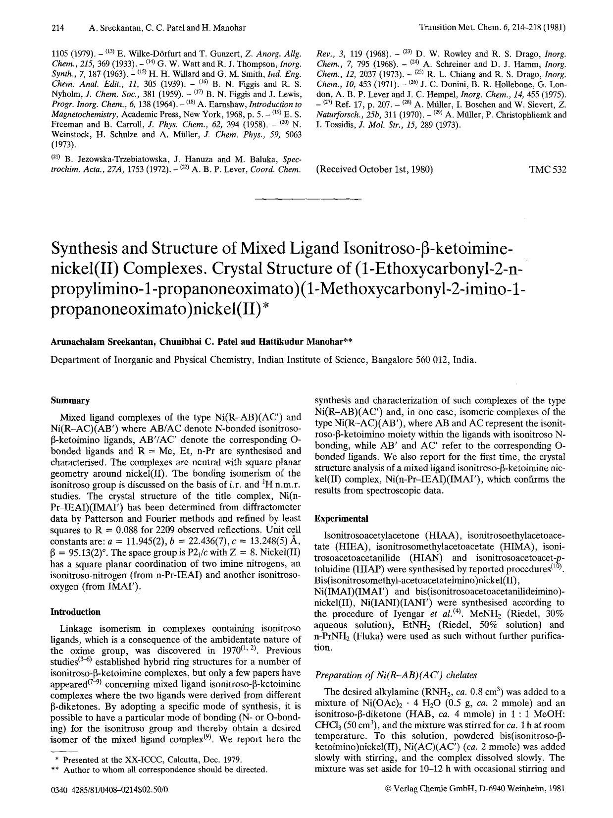 Synthesis and structure of mixed ligand isonitroso-β-ketoiminenickel(II) complexes. Crystal structure of (1-ethoxycarbonyl-2-npropylimino-1-propanoneoximato) (1-methoxycarbo by Unknown