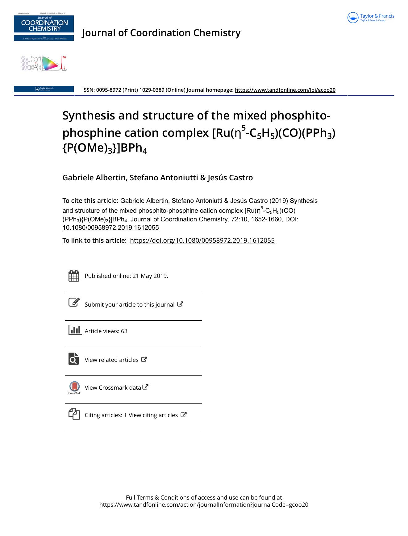 Synthesis and structure of the mixed phosphito-phosphine cation complex [Ru(Î·5-C5H5)(CO)(PPh3){P(OMe)3}]BPh4 by Albertin Gabriele & Antoniutti Stefano & Castro Jesús