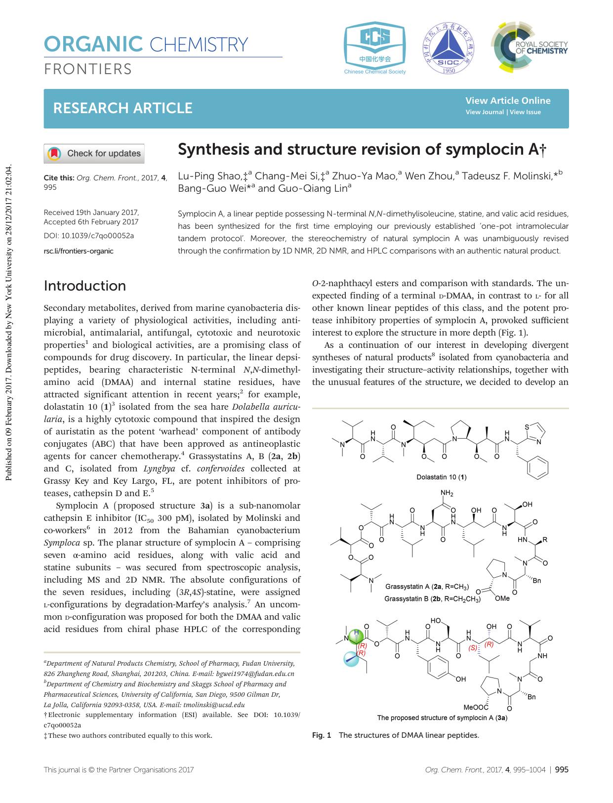 Synthesis and structure revision of symplocin A by Lu-Ping Shao Chang-Mei Si Zhuo-Ya Mao Wen Zhou Tadeusz F. Molinski Bang-Guo Wei Guo-Qiang Lin
