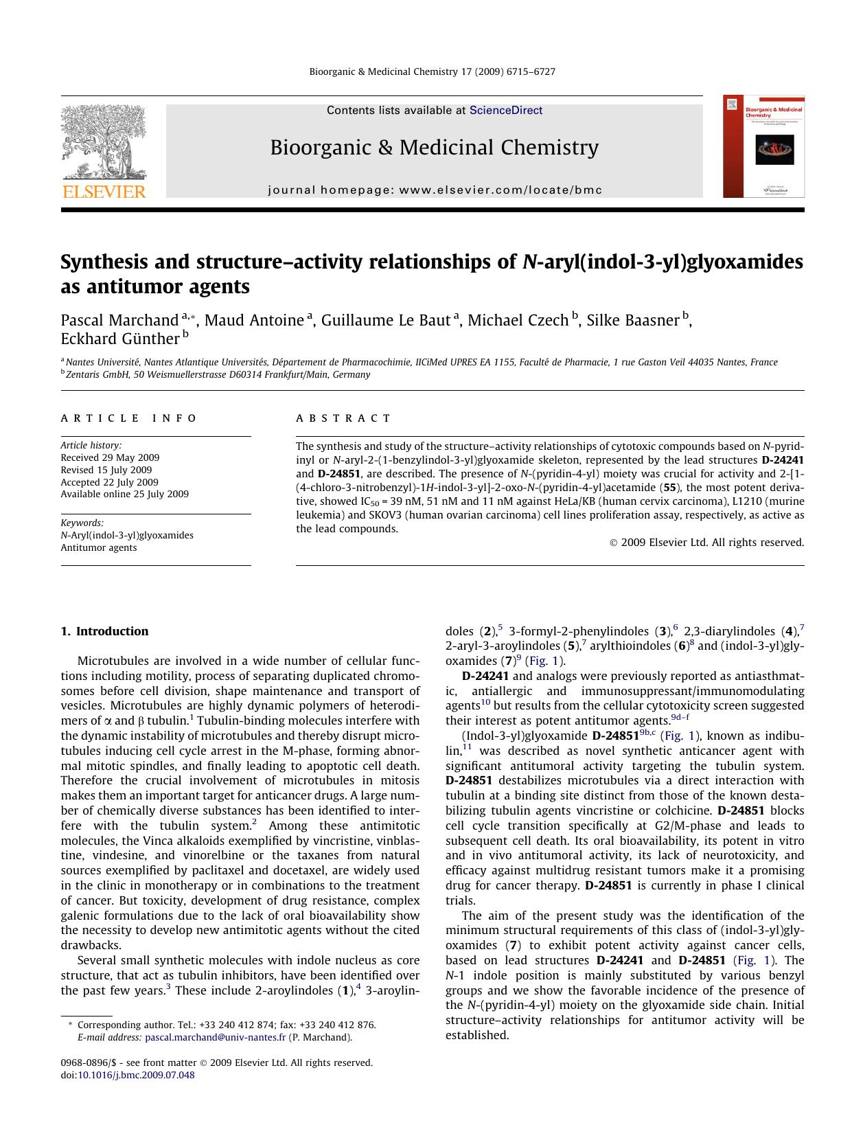 Synthesis and structureâactivity relationships of N-aryl(indol-3-yl)glyoxamides as antitumor agents by Pascal Marchand; Maud Antoine; Guillaume Le Baut; Michael Czech; Silke Baasner; Eckhard Günther