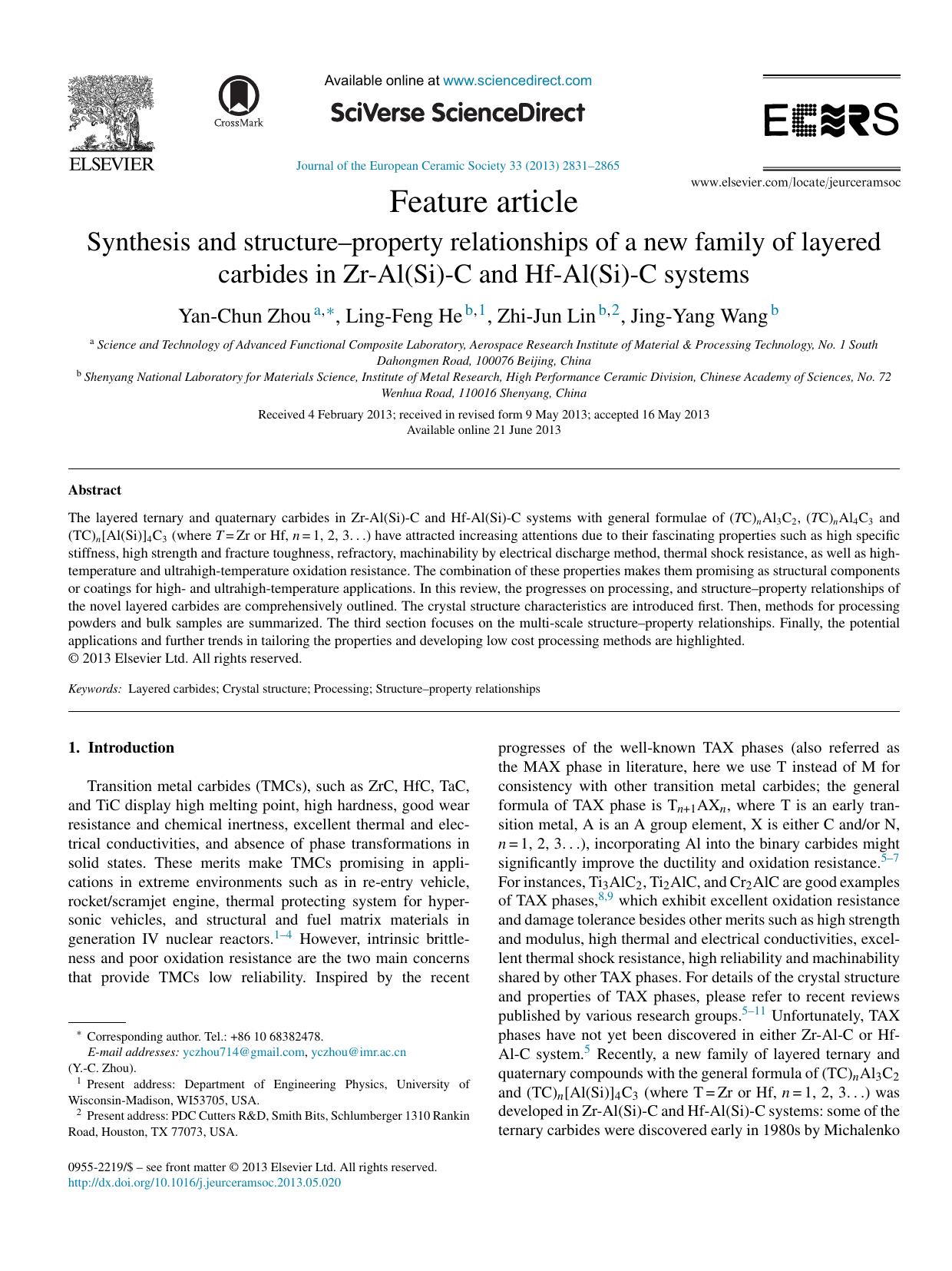 Synthesis and structureâproperty relationships of a new family of layered carbides in Zr-Al(Si)-C and Hf-Al(Si)-C systems by Yan-Chun Zhou