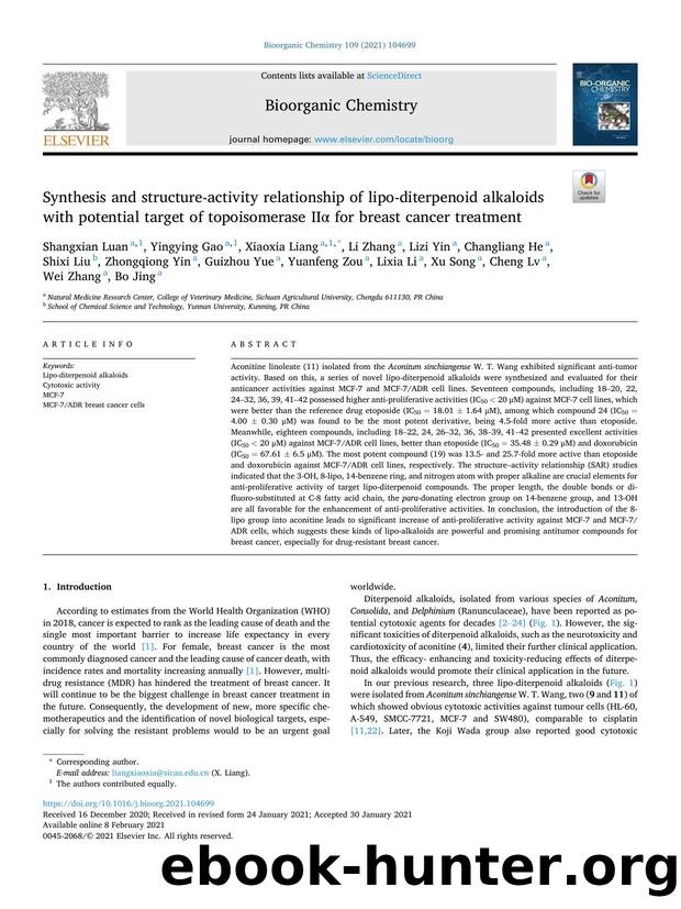 Synthesis and structure-activity relationship of lipo-diterpenoid alkaloids with potential target of topoisomerase IIÎ± for breast cancer treatment by unknow
