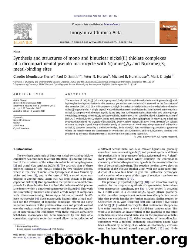 Synthesis and structures of mono and binuclear nickel(II) thiolate complexes of a dicompartmental pseudo-macrocycle with N(imine)2S2 and N(oxime)2S2 metal-binding sites by Claudio Mendicute Fierro & Paul D. Smith & Peter N. Horton & Michael B. Hursthouse & Mark E. Light