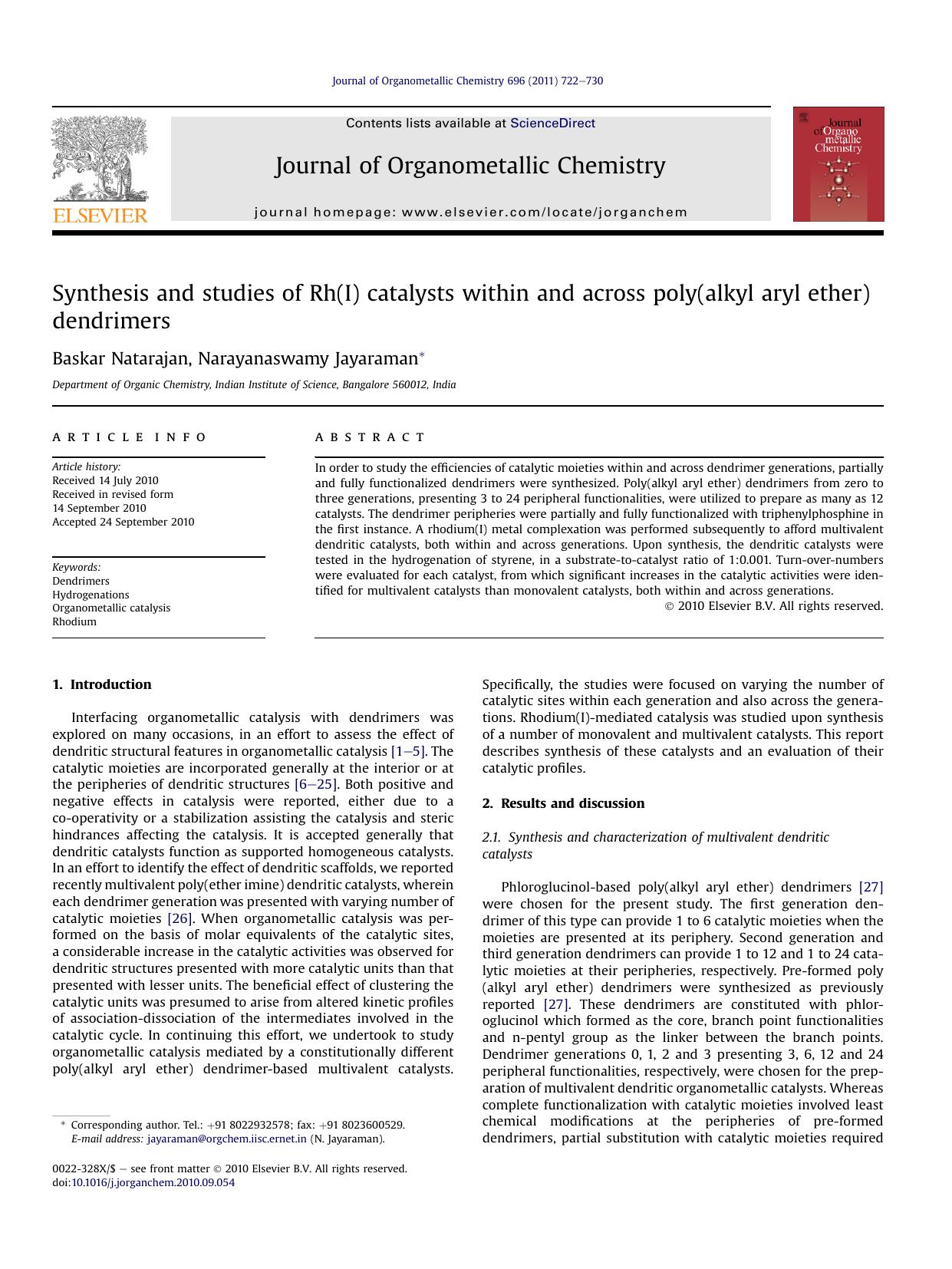 Synthesis and studies of Rh(I) catalysts within and across poly(alkyl aryl ether) dendrimers by Baskar Natarajan & Narayanaswamy Jayaraman