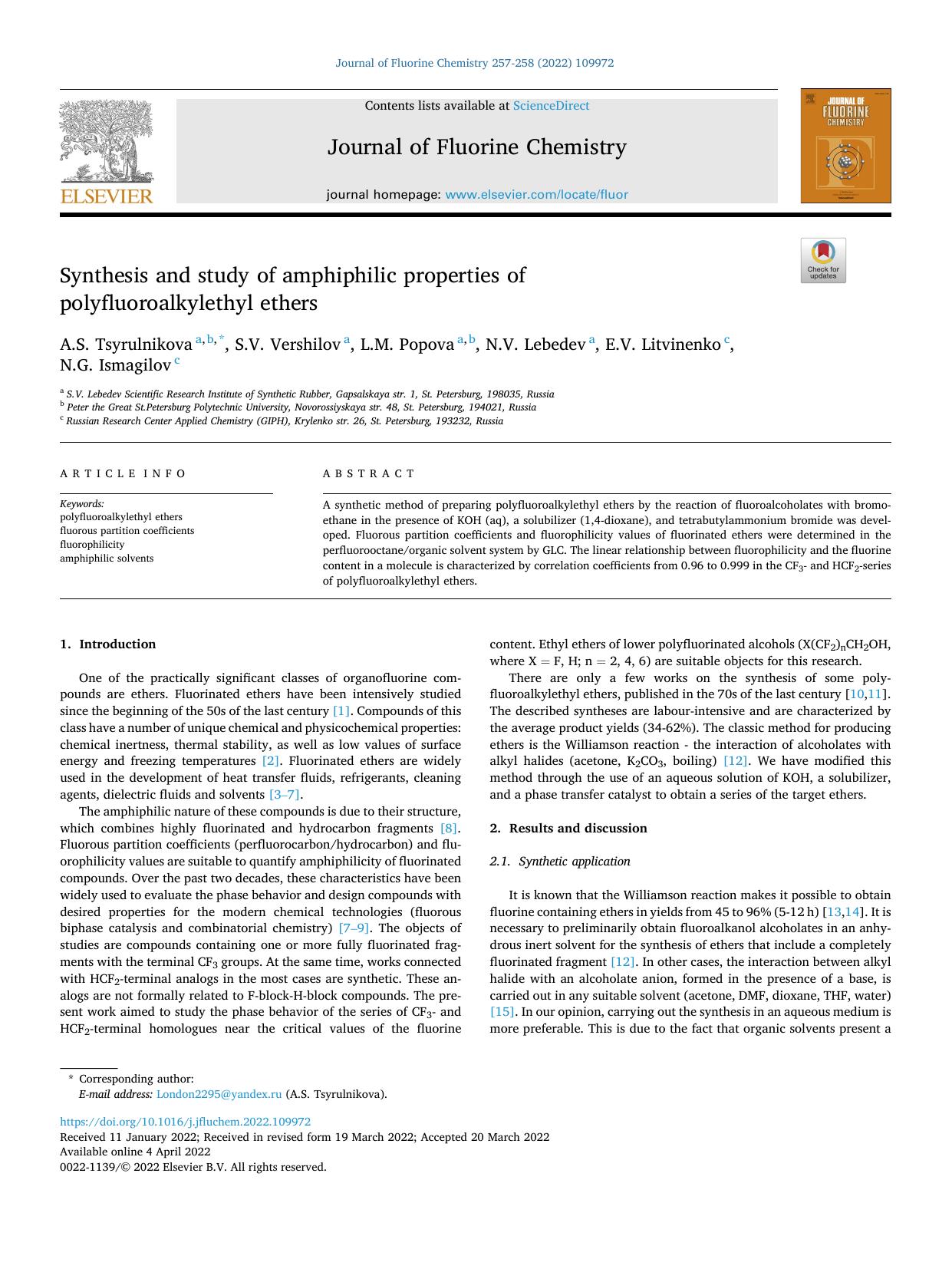 Synthesis and study of amphiphilic properties of polyfluoroalkylethyl ethers by A.S. Tsyrulnikova & S.V. Vershilov & L.M. Popova & N.V. Lebedev & E.V. Litvinenko & N.G. Ismagilov