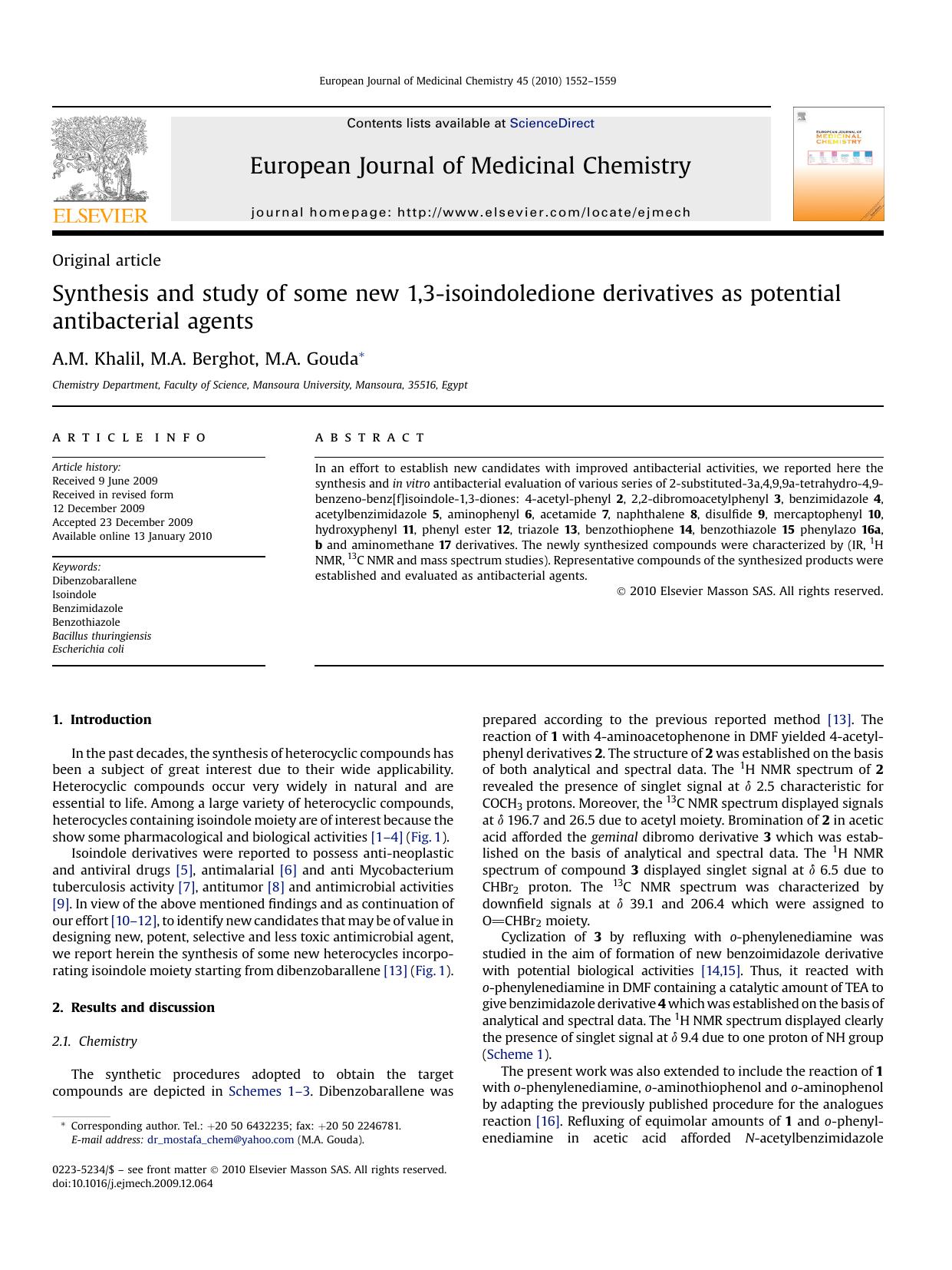 Synthesis and study of some new 1,3-isoindoledione derivatives as potential antibacterial agents by A.M. Khalil; M.A. Berghot; M.A. Gouda