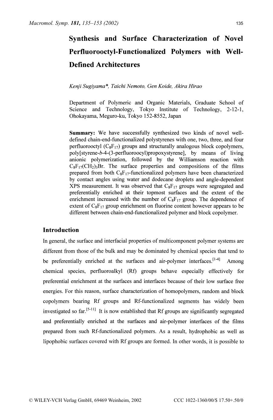 Synthesis and surface characterization of novel perfluorooctyl-functionalized polymers with well-defined architectures by SOD