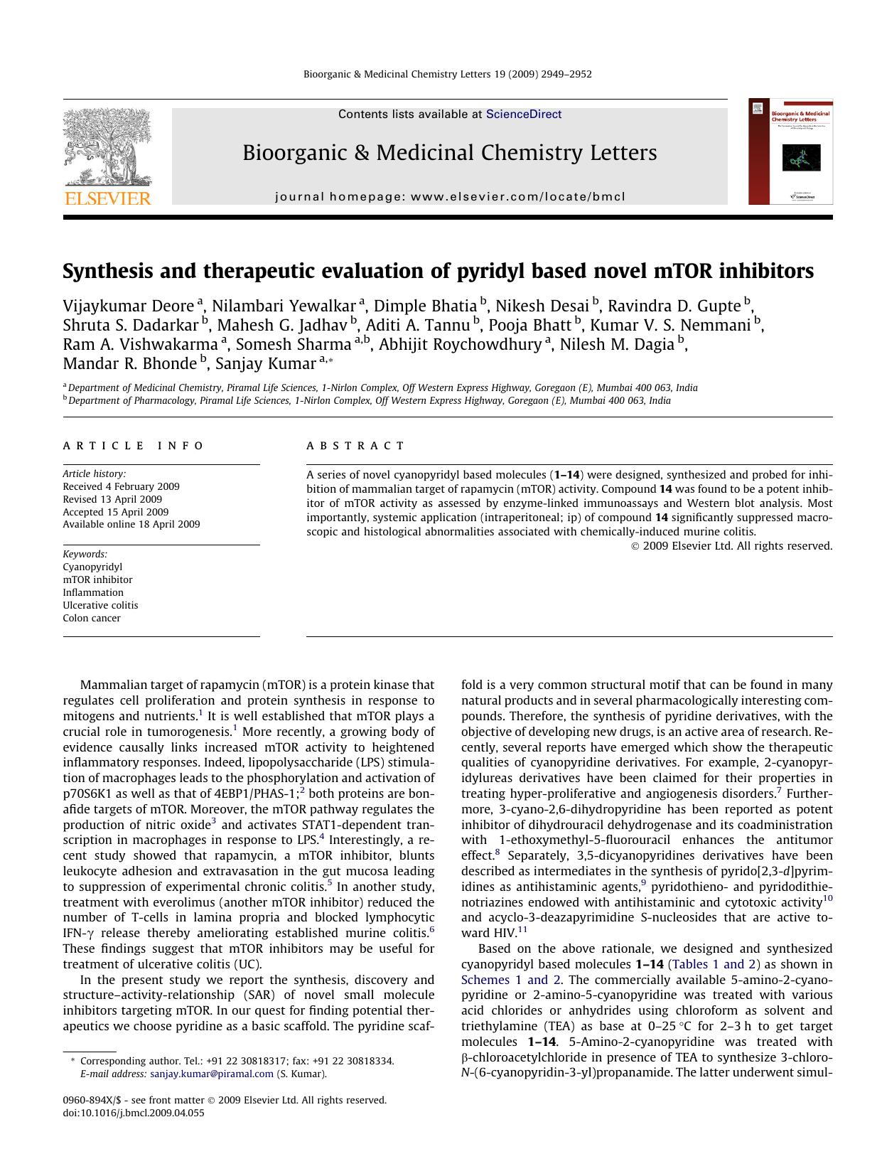 Synthesis and therapeutic evaluation of pyridyl based novel mTOR inhibitors by unknow