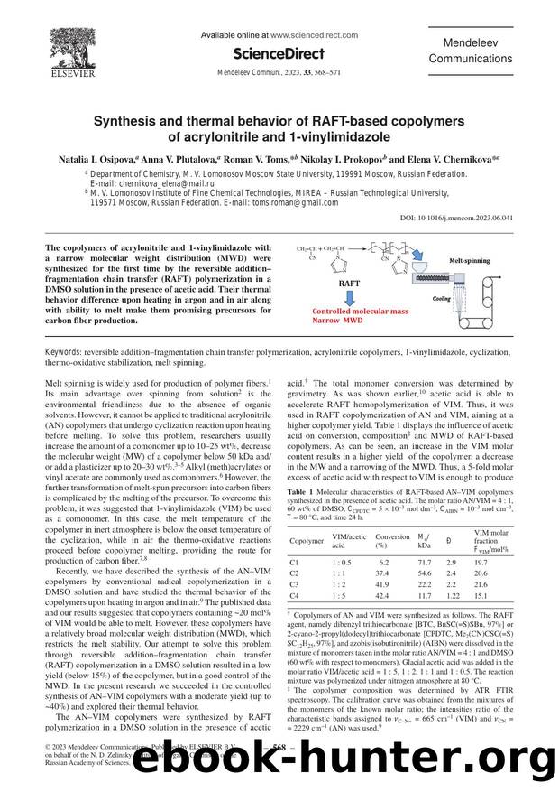 Synthesis and thermal behavior of RAFT-based copolymers of acrylonitrile and 1-vinylimidazole by Natalia I. Osipova & Anna V. Plutalova & Roman V. Toms & Nikolay I. Prokopov & Elena V. Chernikova