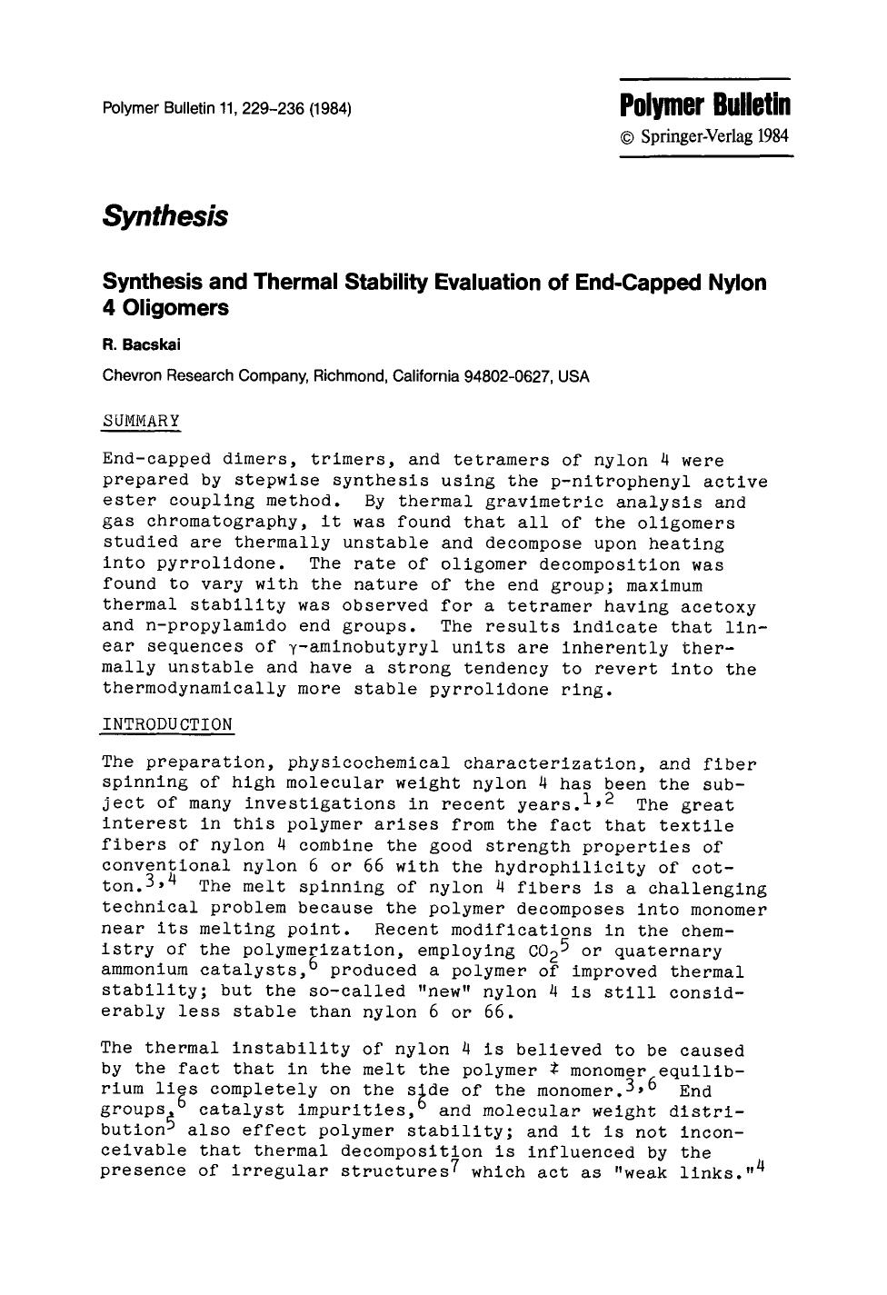 Synthesis and thermal stability evaluation of end-capped nylon 4 oligomers by Unknown