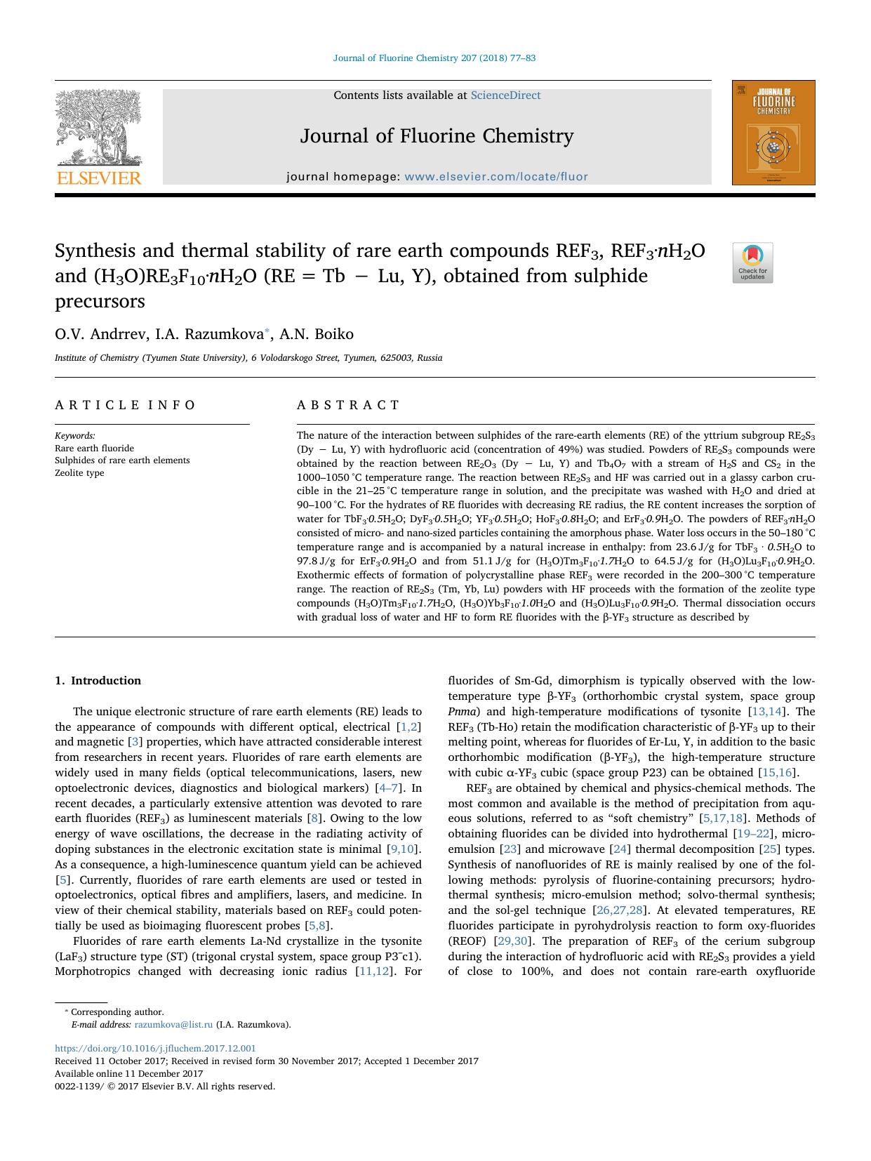 Synthesis and thermal stability of rare earth compounds REF3, REF3Â·nH2O and (H3O)RE3F10Â·nH2O (REâ¯=â¯Tb â Lu, Y), obtained from sulphide precursors by O.V. Andrrev