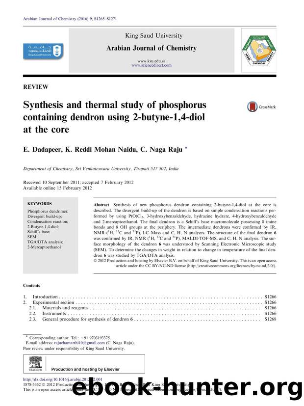 Synthesis and thermal study of phosphorus containing dendron using 2-butyne-1,4-diol at the core by E. Dadapeer & K. Reddi Mohan Naidu & C. Naga Raju