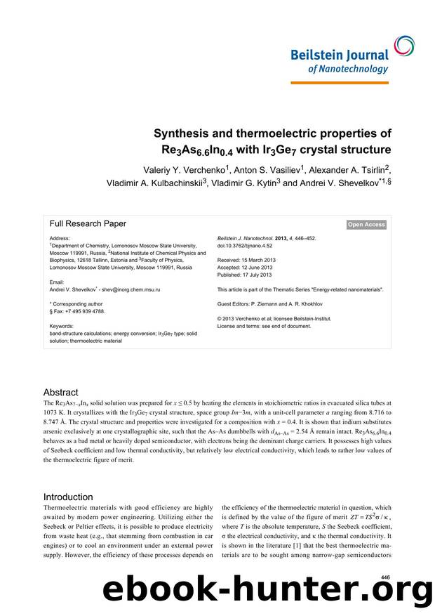 Synthesis and thermoelectric properties of Re3As6.6In0.4 with Ir3Ge7 crystal structure by unknow