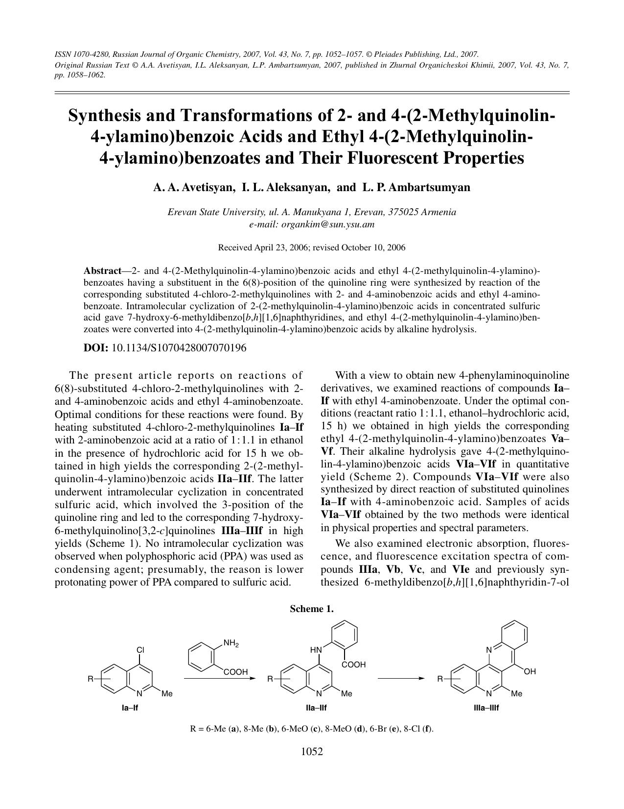 Synthesis and transformations of 2-and 4-(2-Methylquinolin-4-ylamino)benzoic acids and ethyl 4-(2-methylquinolin-4-ylamino)benzoates and their fluorescent properties by Unknown