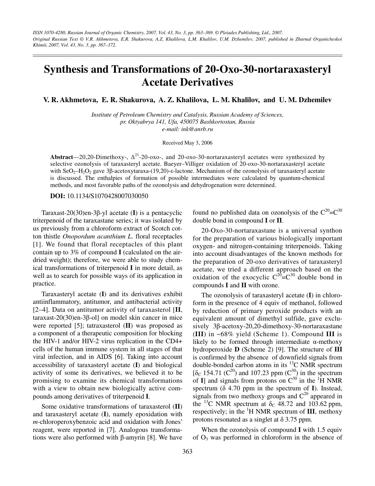 Synthesis and transformations of 20-oxo-30-nortaraxasteryl acetate derivatives by Unknown