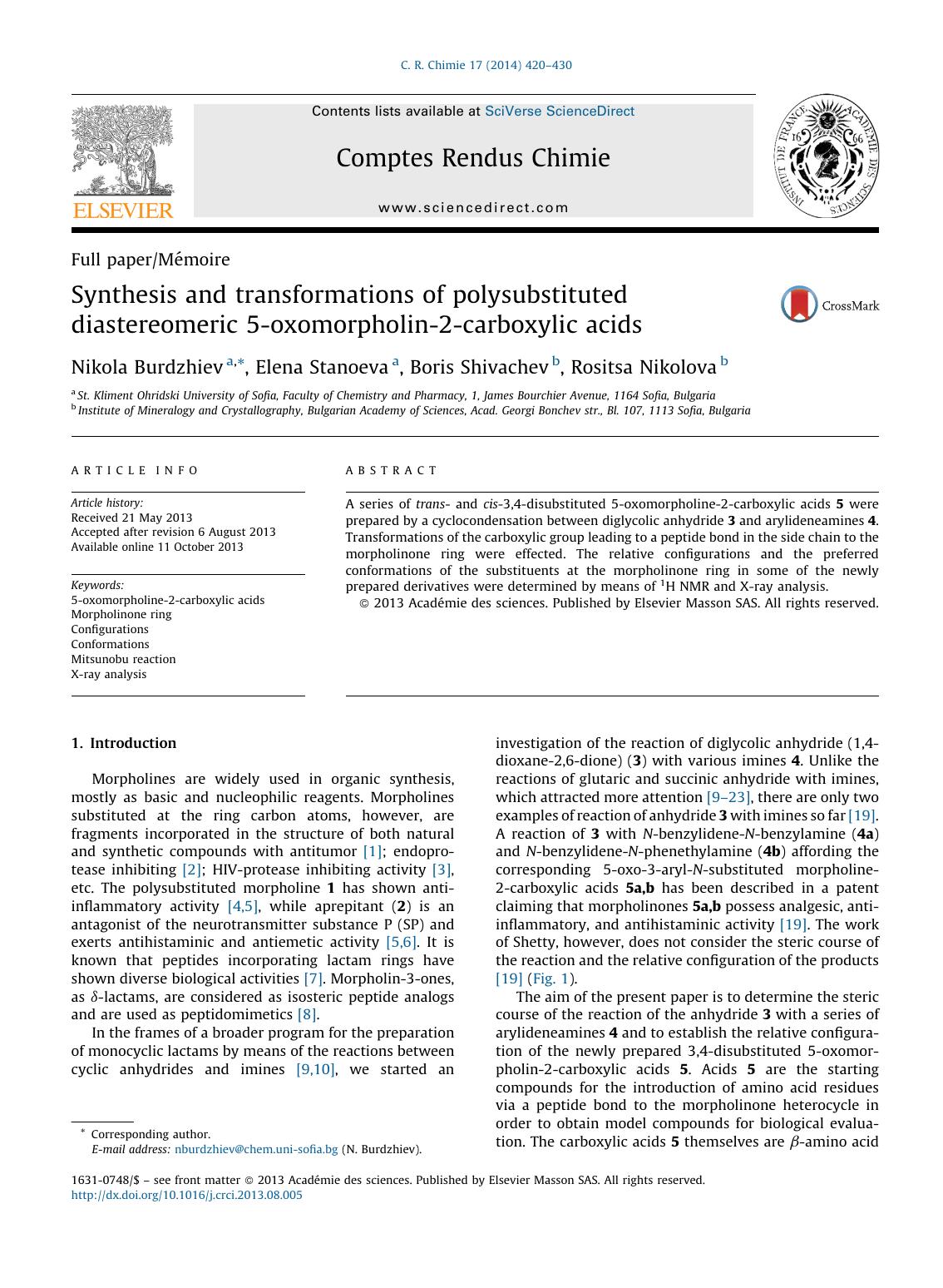 Synthesis and transformations of polysubstituted diastereomeric 5-oxomorpholin-2-carboxylic acids by Nikola Burdzhiev & Elena Stanoeva & Boris Shivachev & Rositsa Nikolova
