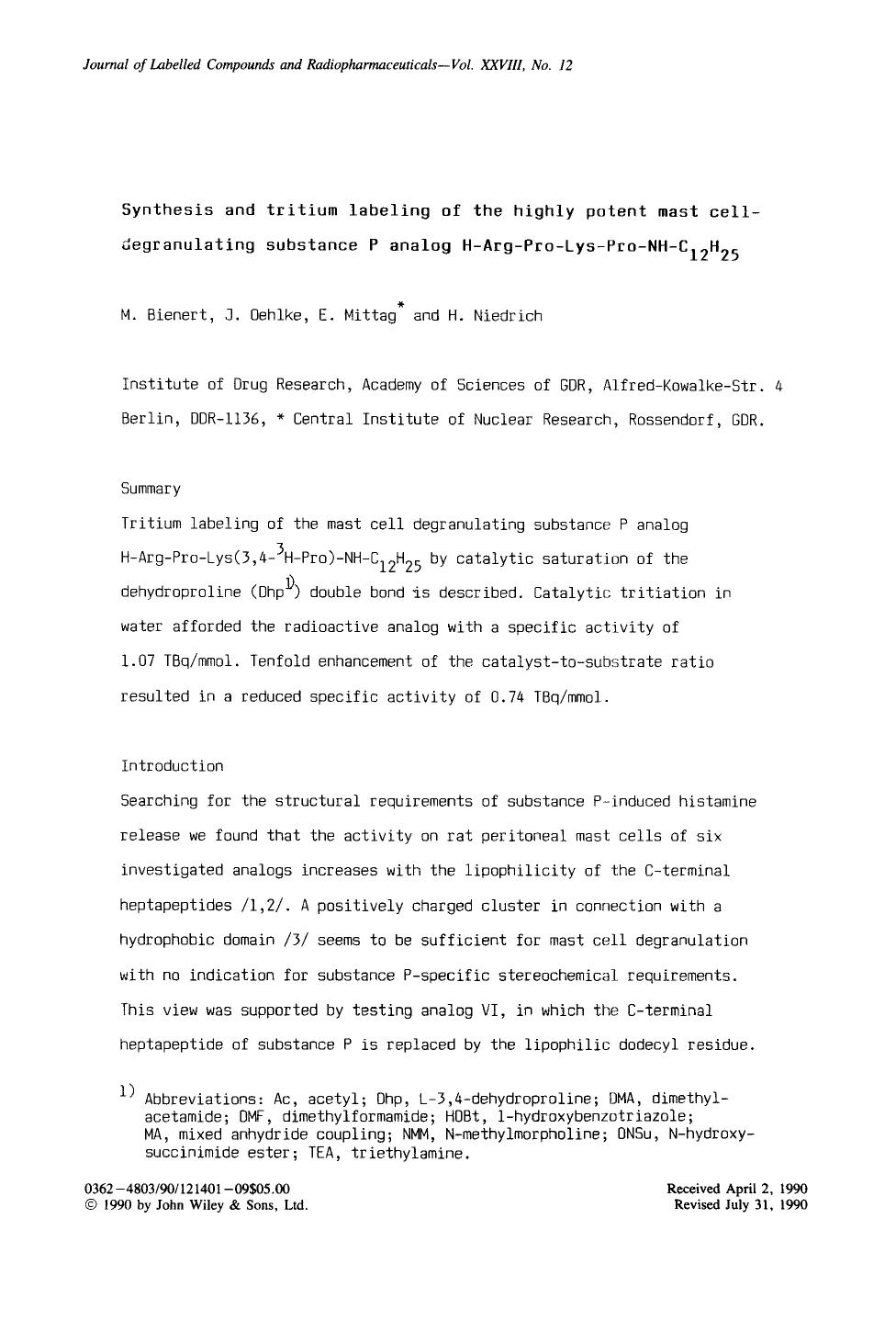 Synthesis and tritium labeling of the highly potent mast cell-degranulating substance P analog H-Arg-Pro-Lys-Pro-NH-C12H25 by Unknown