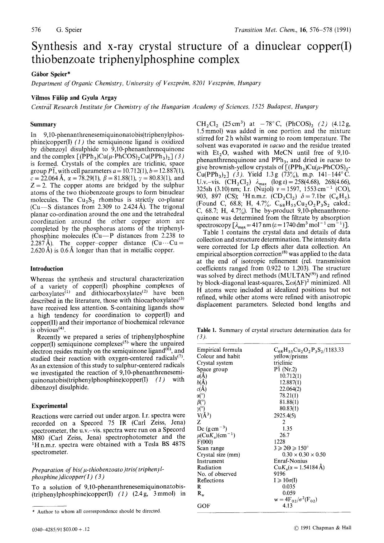 Synthesis and x-ray crystal structure of a dinuclear copper(I) thiobenzoate triphenylphosphine complex by Unknown