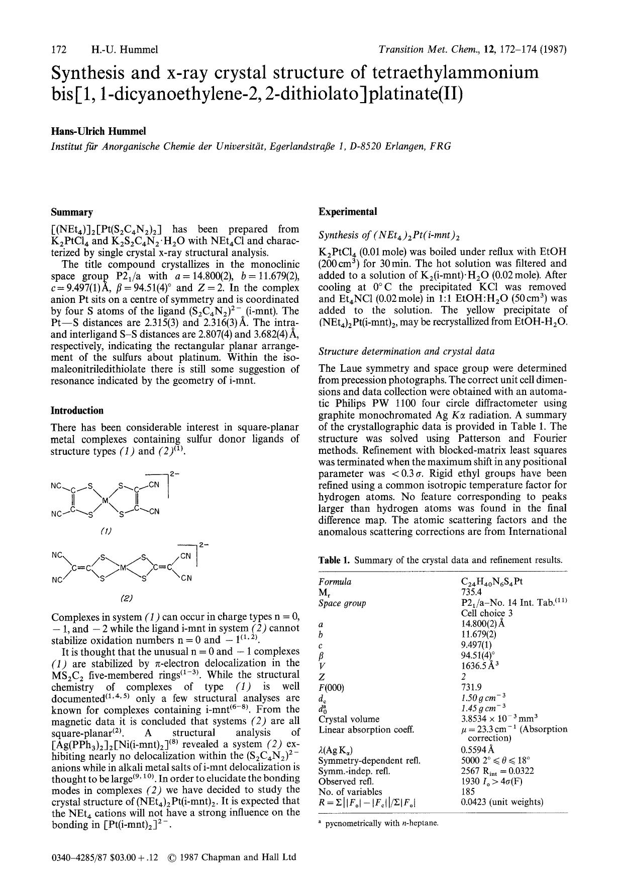 Synthesis and x-ray crystal structure of tetraethylammonium bis[1, 1-dicyanoethylene-2, 2-dithiolato]platinate(II) by Unknown