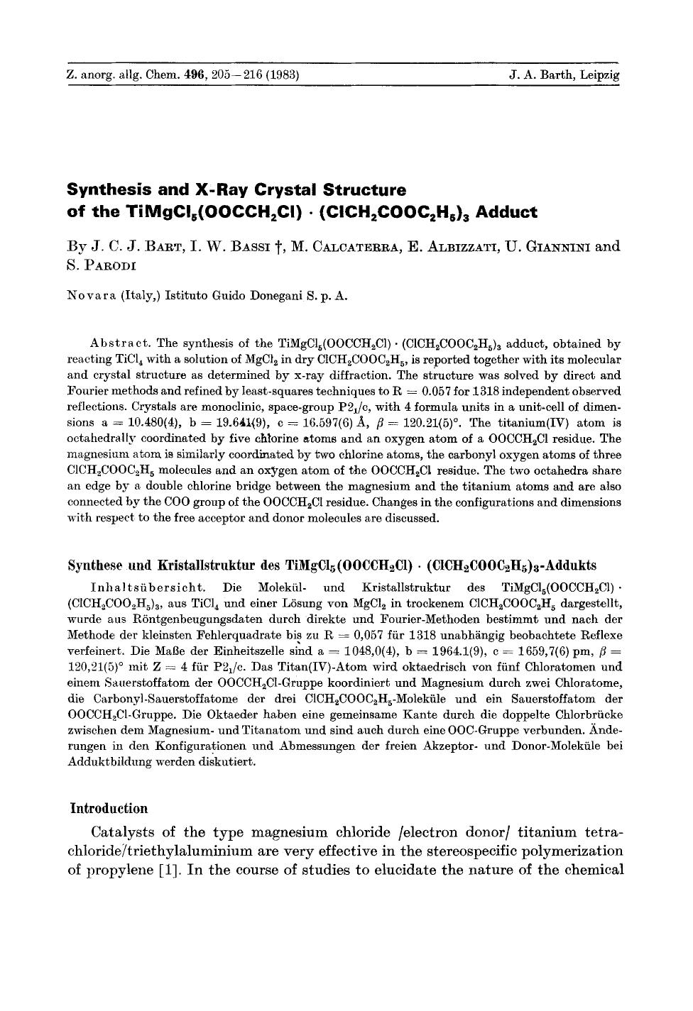 Synthesis and x-ray crystal structure of the TiMgCl5(OOCCH2Cl) Â· (ClCH2COOC2H5)3 Adduct by Unknown