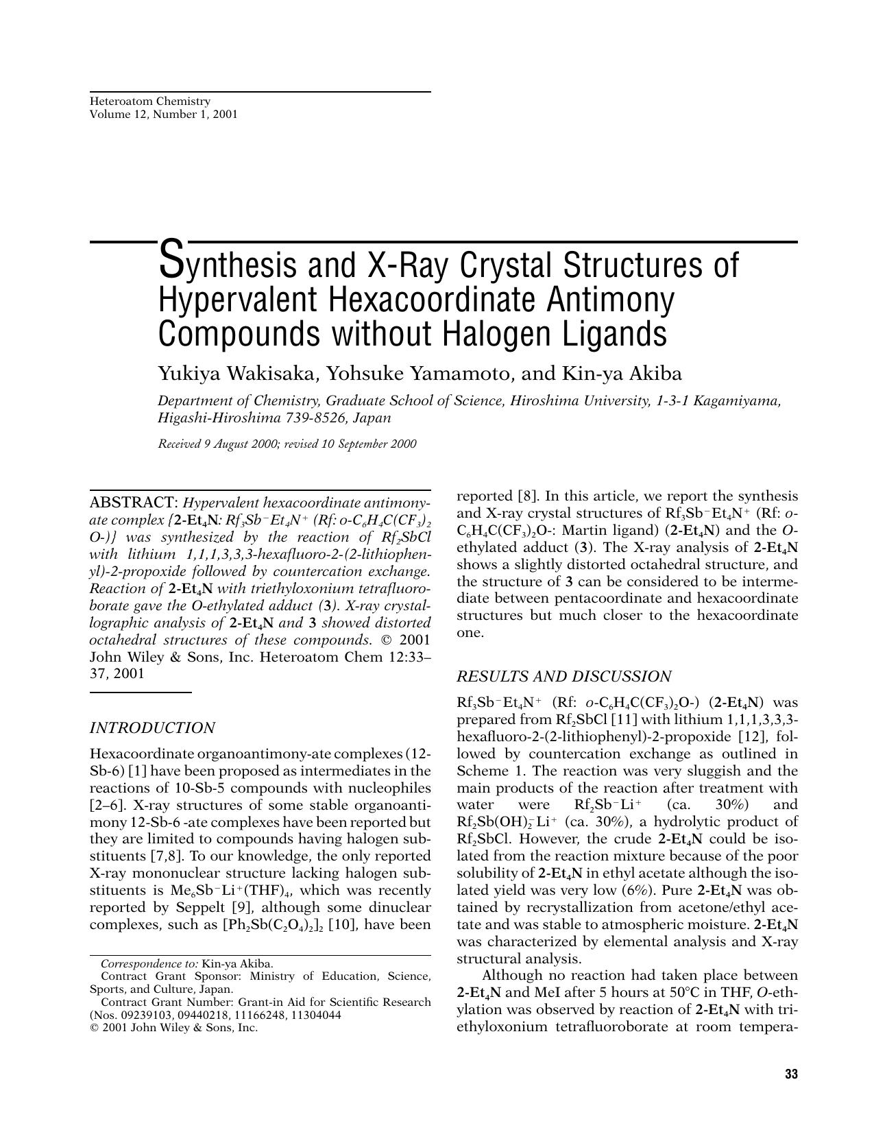 Synthesis and x-ray crystal structures of hypervalent hexacoordinate antimony compounds without halogen ligands by Unknown