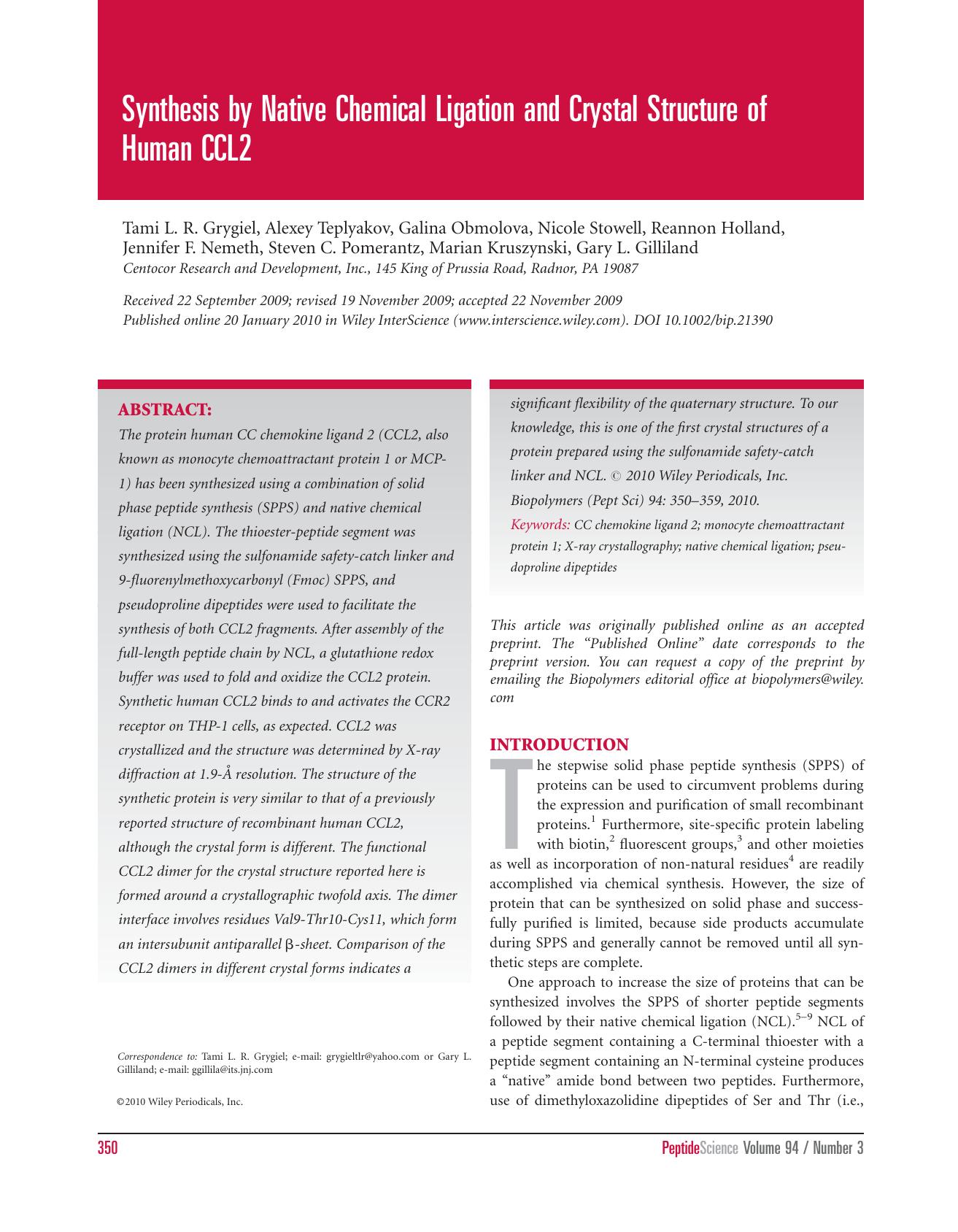 Synthesis by native chemical ligation and crystal structure of human CCL2 by Unknown