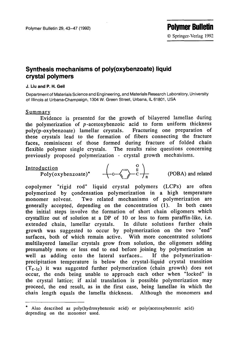 Synthesis mechanisms of poly(oxybenzoate) liquid crystal polymers by Unknown