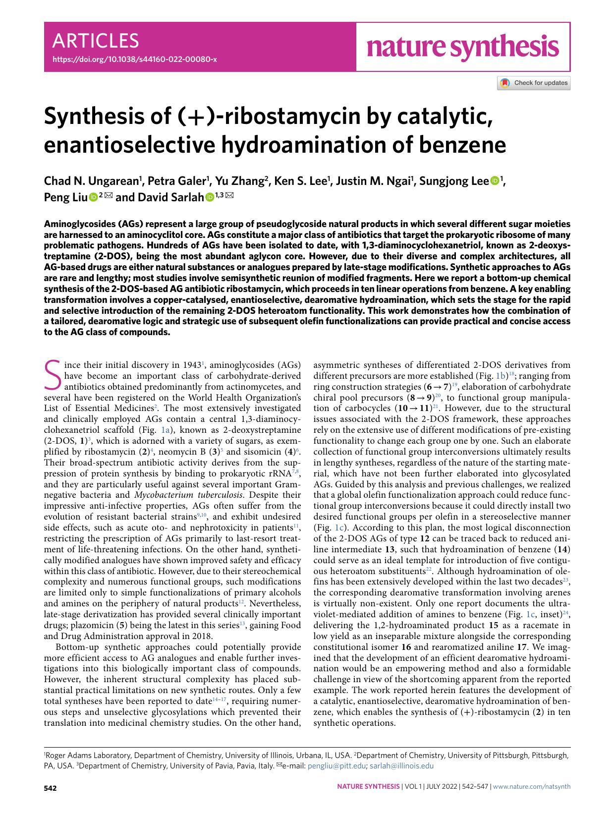 Synthesis of (+)-ribostamycin by catalytic, enantioselective hydroamination of benzene by unknow
