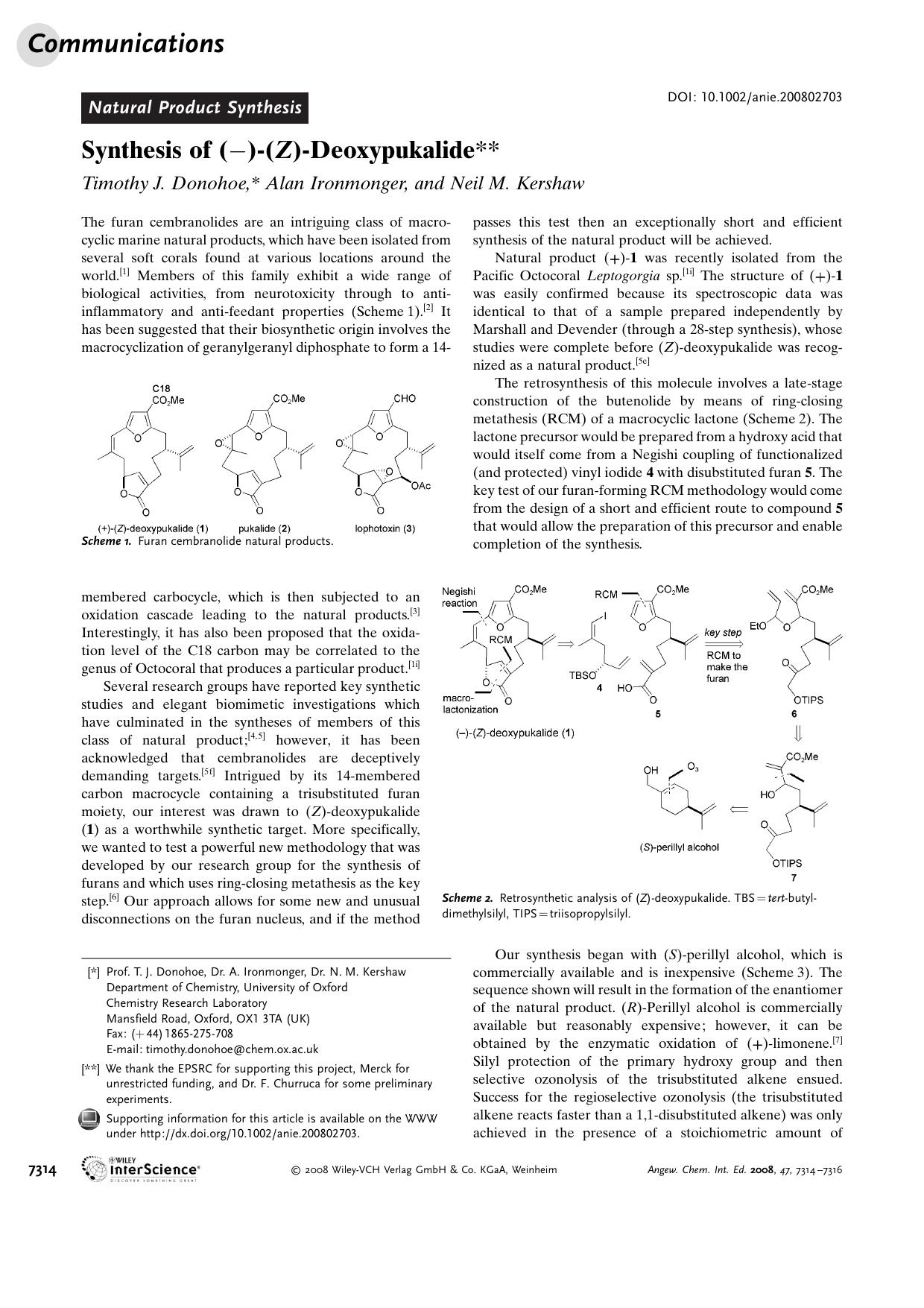 Synthesis of ([minus])-(Z)-Deoxypukalide by Unknown