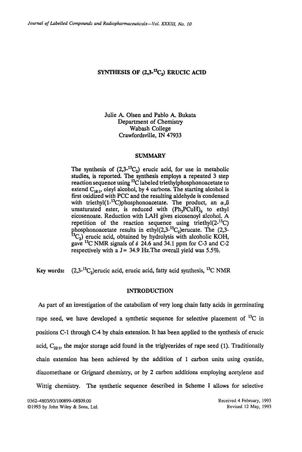 Synthesis of (2,3-13C2) erucic acid by Unknown