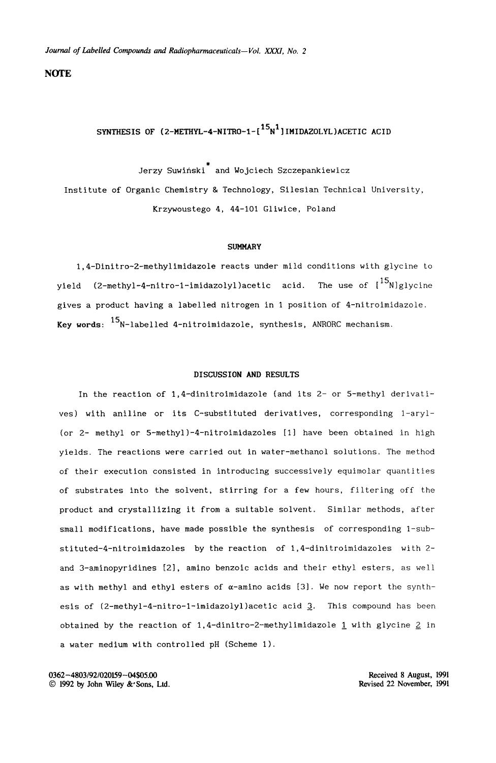 Synthesis of (2-methyl-4-nitro-1-[15N1]imidazolyl)acetic acid by Unknown