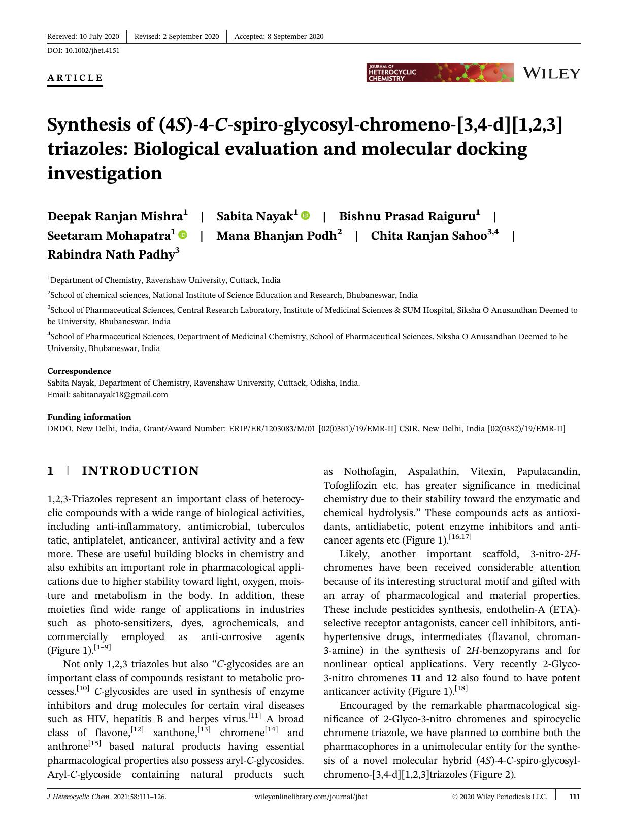 Synthesis of (4S)-4-C-spiro-glycosyl-chromeno-[3,4-d][1,2,3]triazoles: Biological evaluation and molecular docking investigation by Unknown