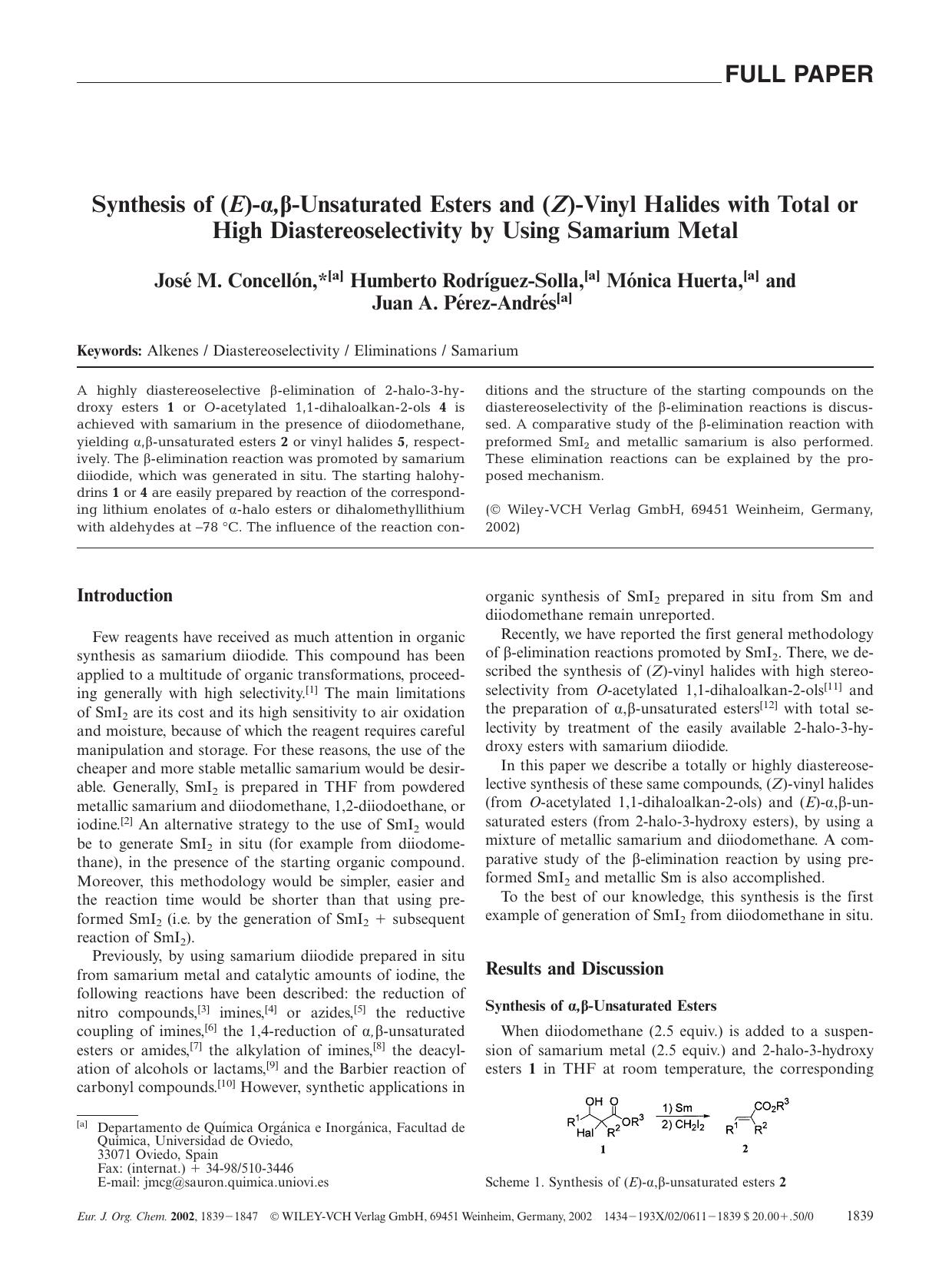 Synthesis of (E)-[alpha],[beta]-Unsaturated Esters and (Z)-Vinyl Halides with Total or High Diastereoselectivity by Using Samarium Metal by Unknown