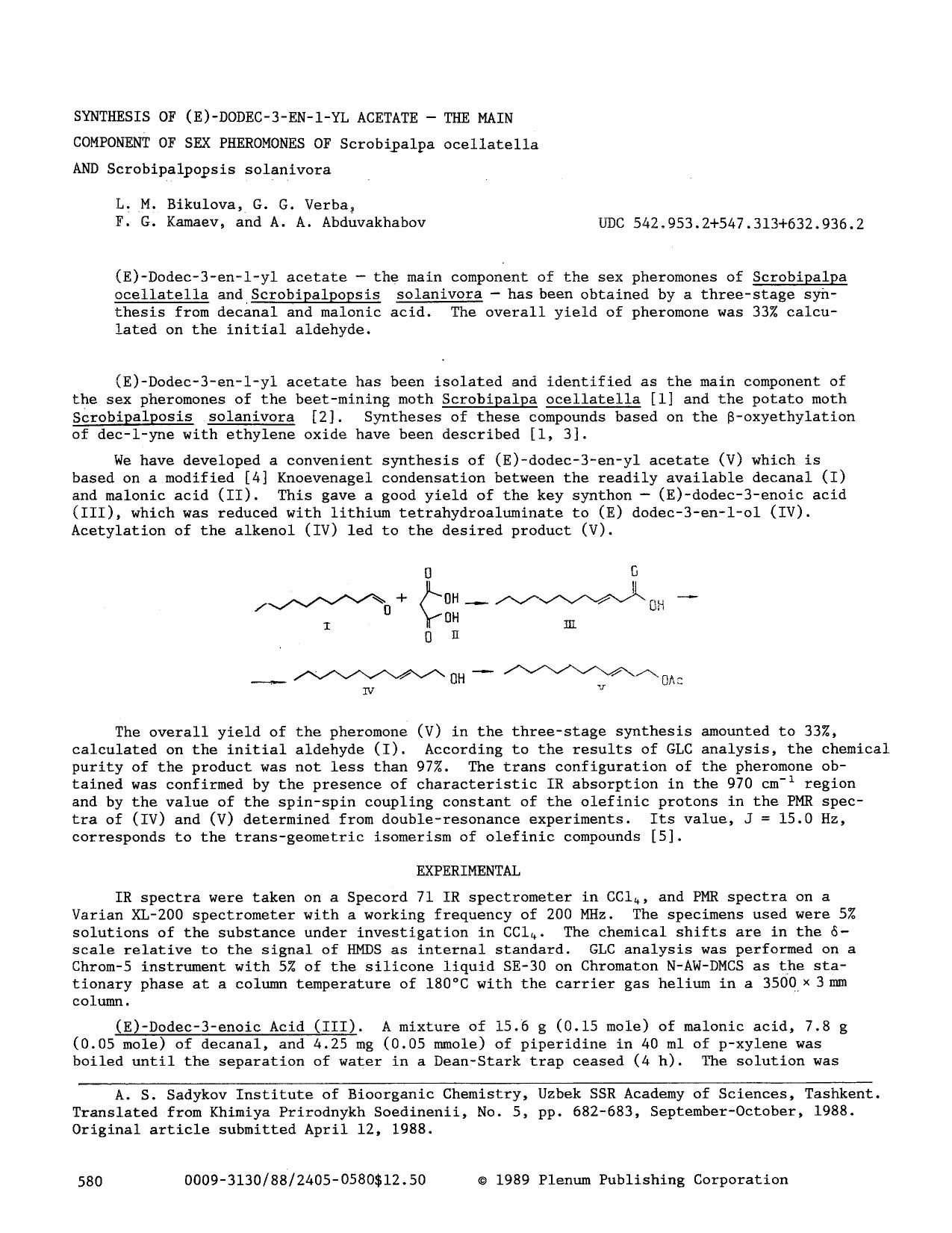 Synthesis of (E)-dodec-3-en-1-yl acetate — The main component of sex pheromones of Scrobipalpa ocellatella and Scrobipalpopsis solanivora by Unknown