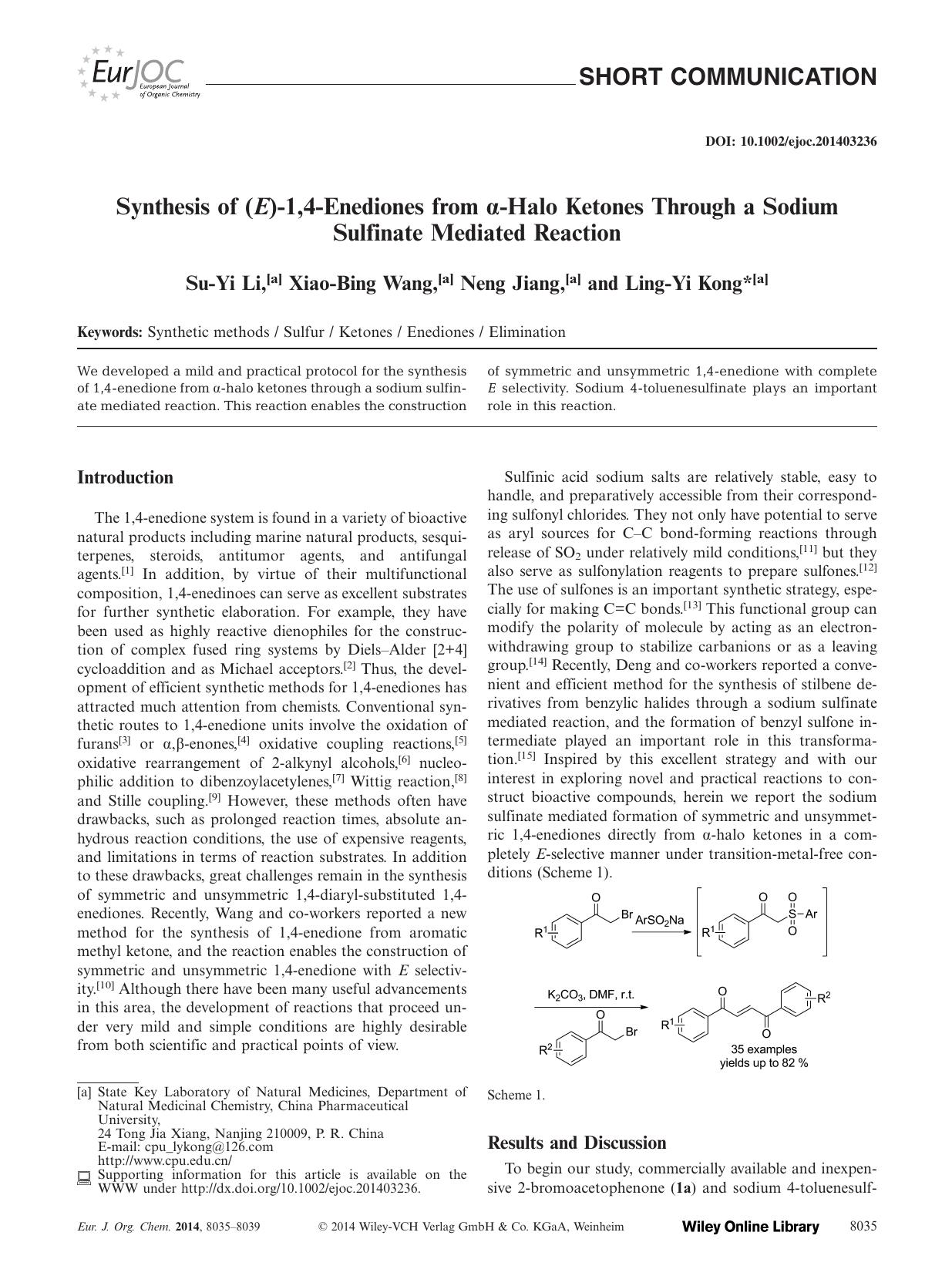 Synthesis of (E)1,4Enediones from Halo Ketones Through a Sodium Sulfinate Mediated Reaction by Unknown