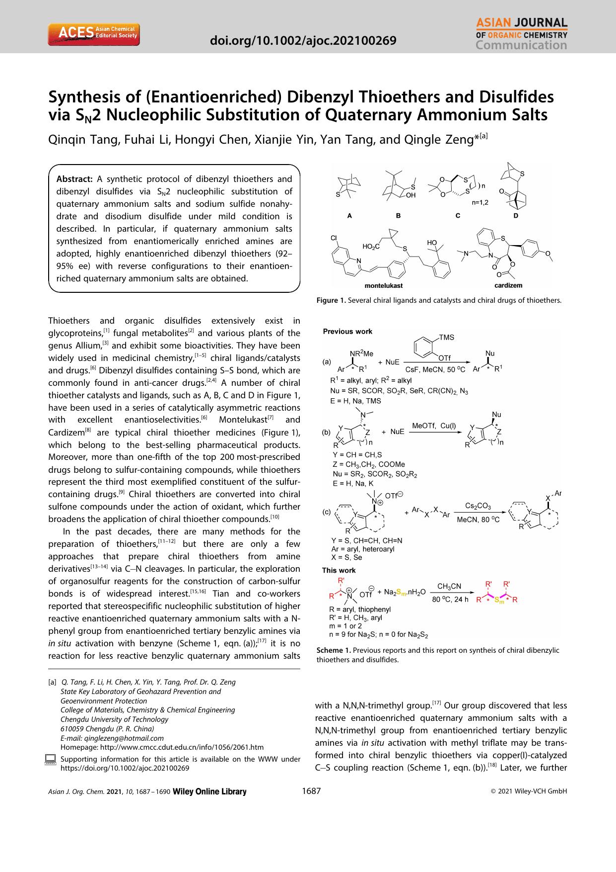 Synthesis of (Enantioenriched) Dibenzyl Thioethers and Disulfides via SN2 Nucleophilic Substitution of Quaternary Ammonium Salts by Unknown