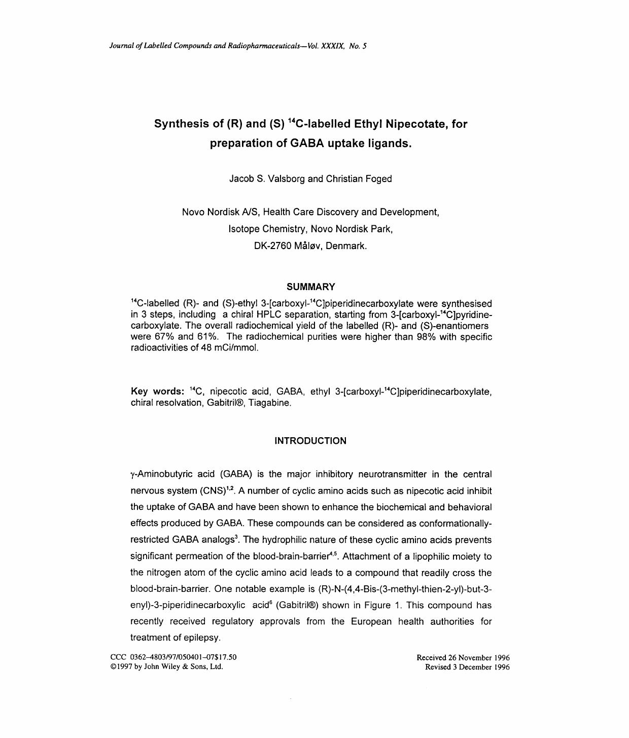 Synthesis of (R) and (S) 14C-labelled ethyl nipecotate, for preparation of GABA uptake ligands by Unknown
