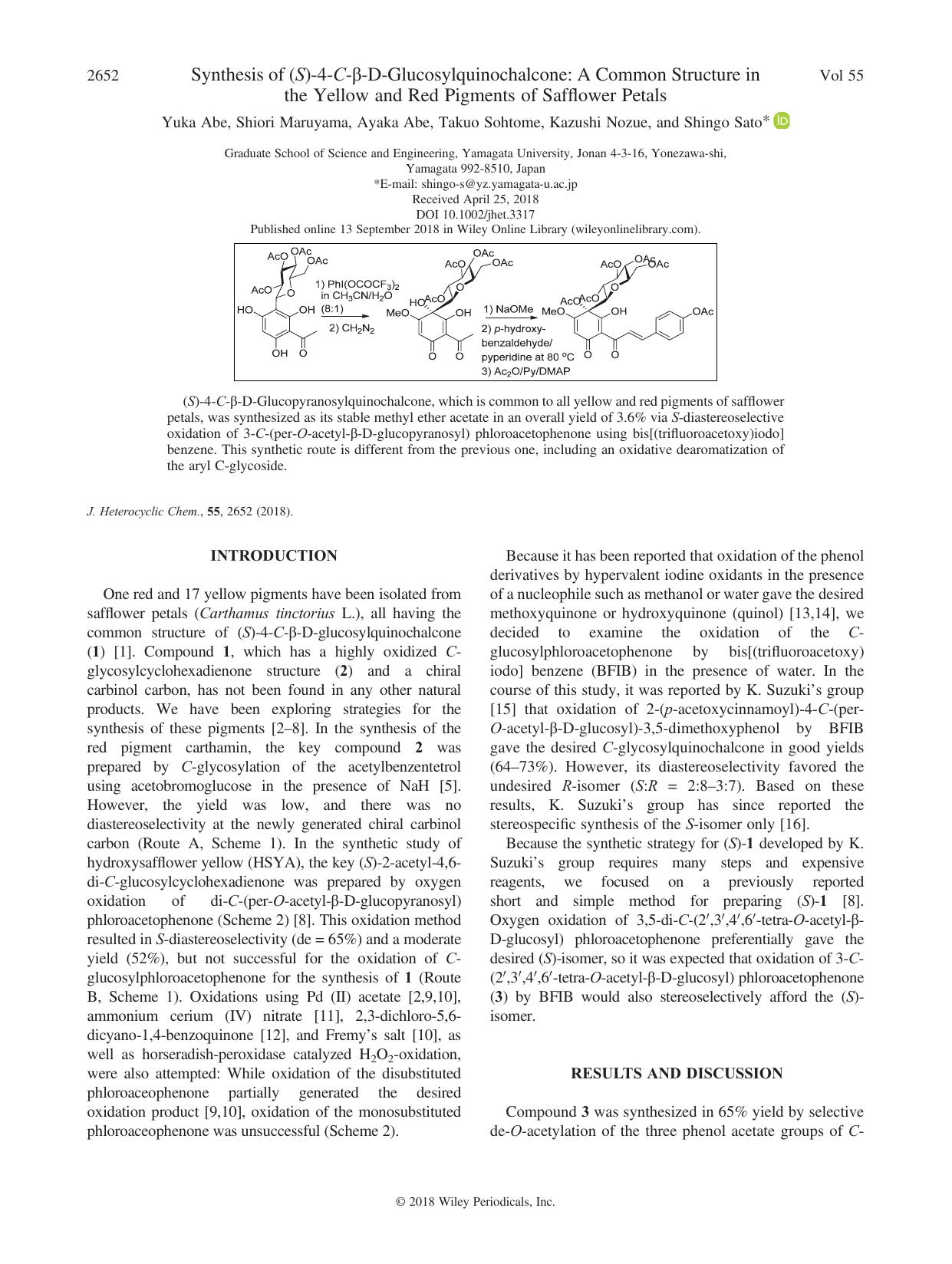 Synthesis of (S)-4-C--D-Glucosylquinochalcone: A Common Structure in the Yellow and Red Pigments of Safflower Petals by Yuka Abe Shiori Maruyama Ayaka Abe Takuo Sohtome Kazushi Nozue Shingo Sato